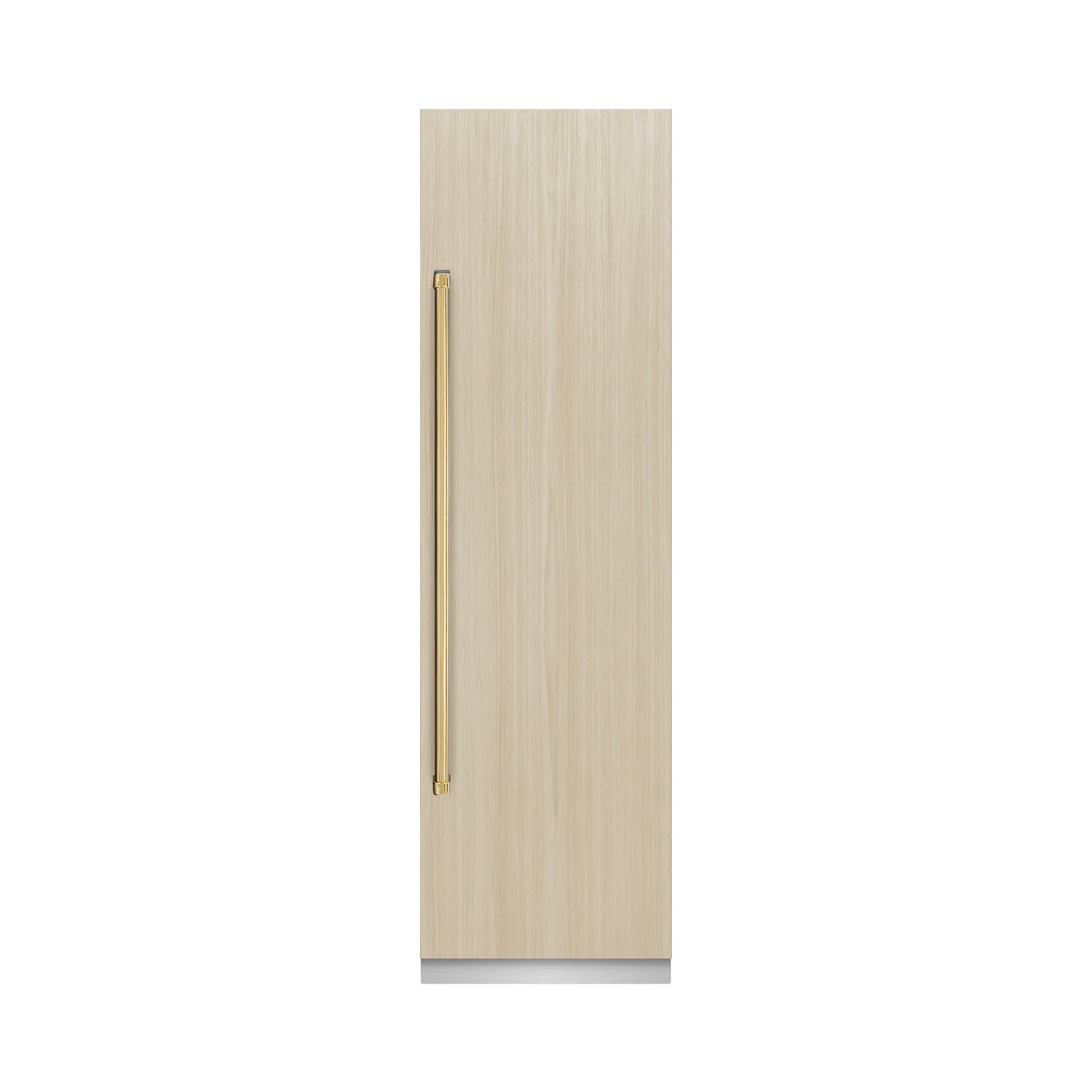 Panel-ready refrigerator/freezer column with light wood panel and gold vertical handle