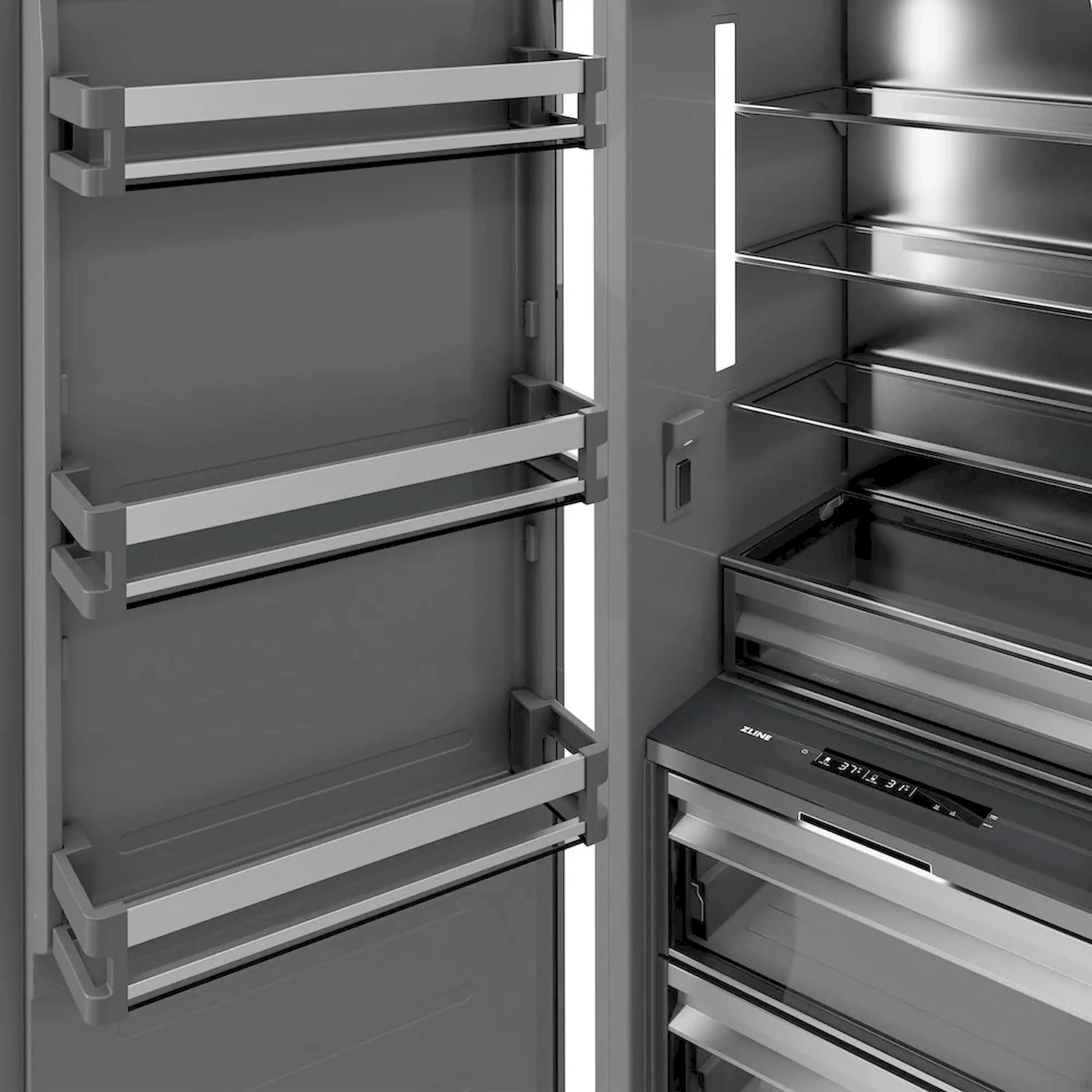 Panel-ready column refrigerator open, showing slide-out bins and interior shelves