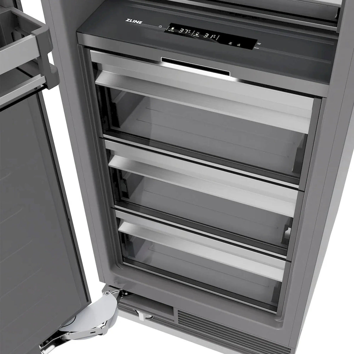 Panel-ready column refrigerator/freezer open door with glass shelf area and control panel
