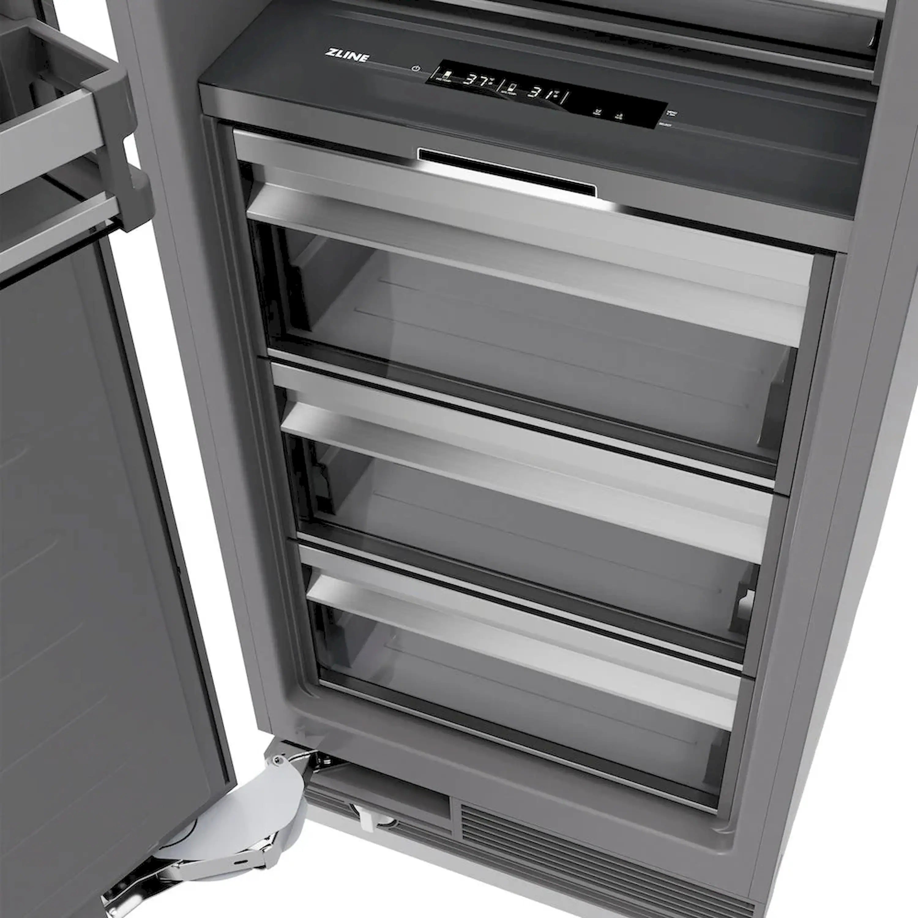 Panel-ready column refrigerator open with multiple glass shelves and drawer bins