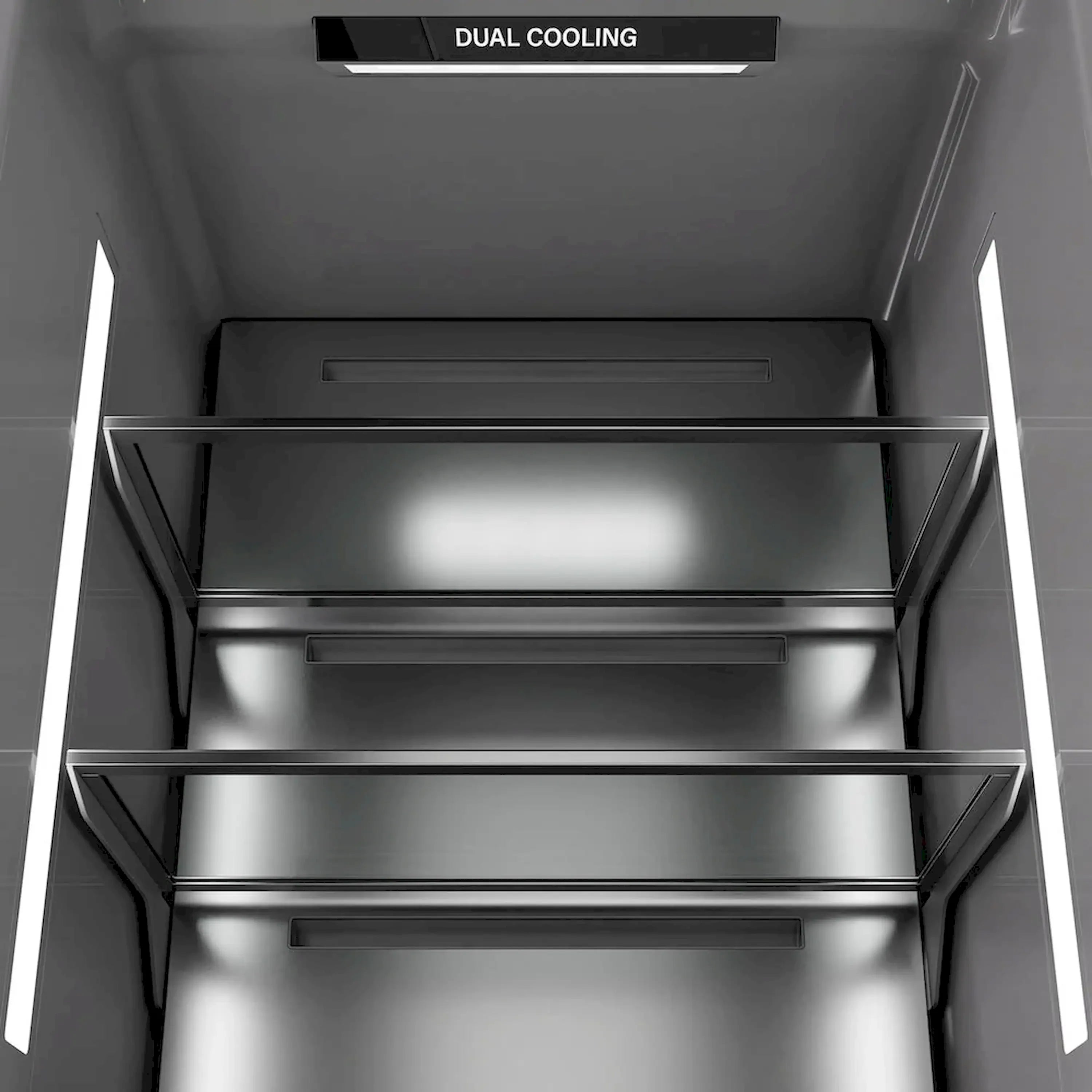Panel-ready column refrigerator top view with dual cooling vents and illuminated interior