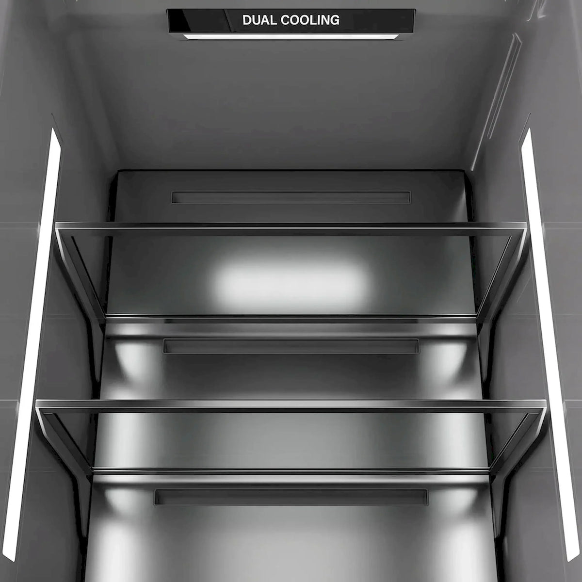 Panel-ready column refrigerator/freezer interior with top compartment and sliding shelves