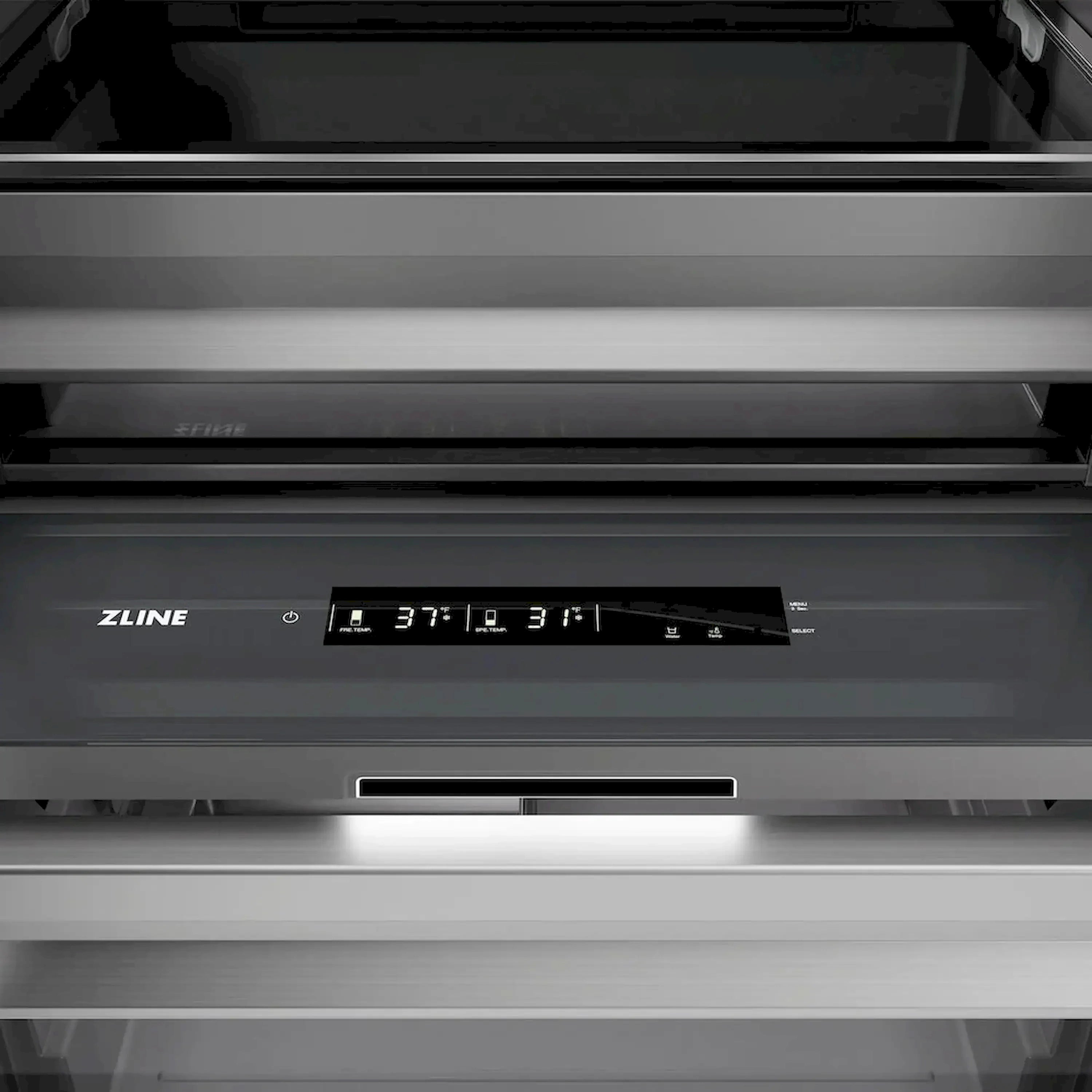 Panel-ready column refrigerator control display on dark graphite interior