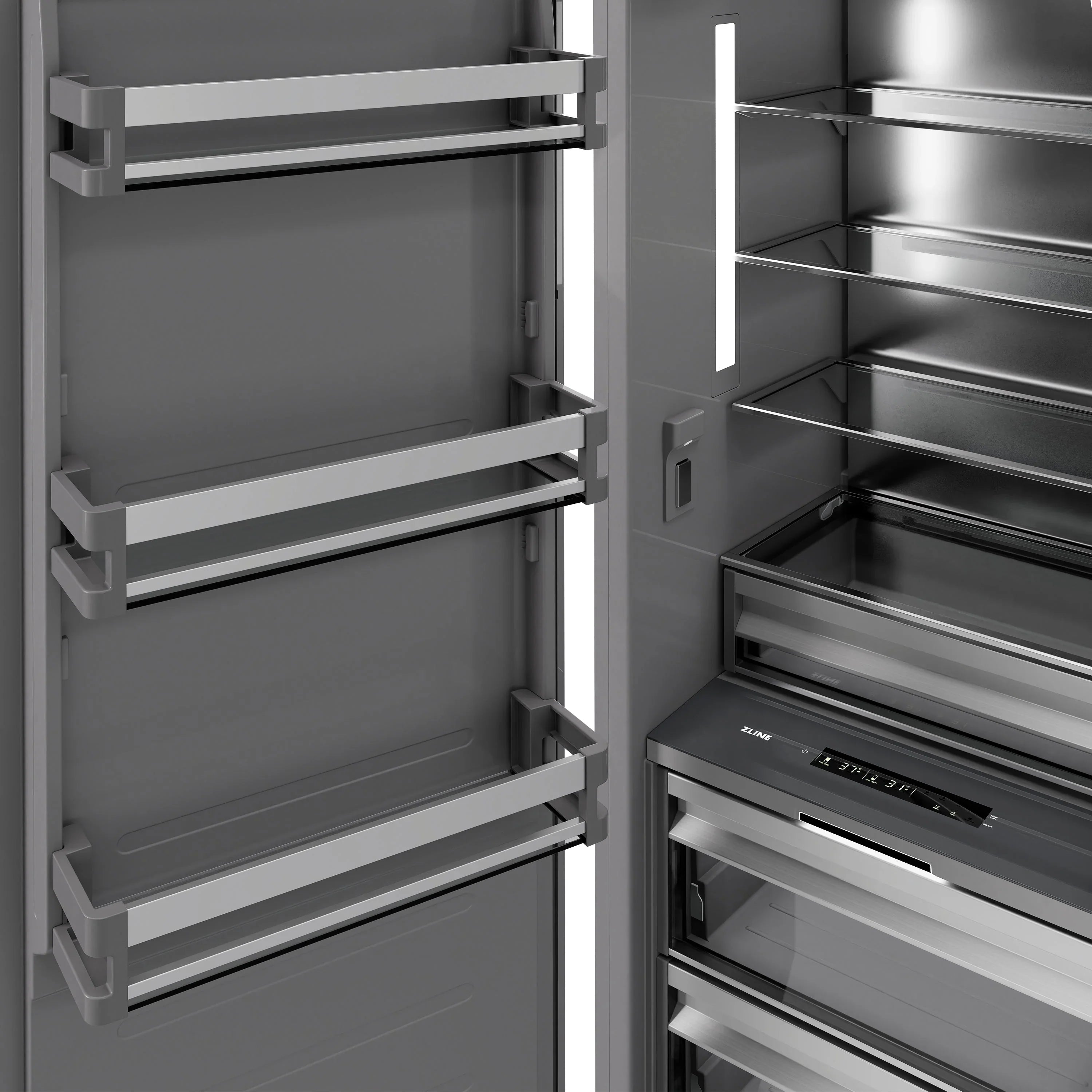 Refrigerator interior with multi-level shelves, drawers, and side compartments