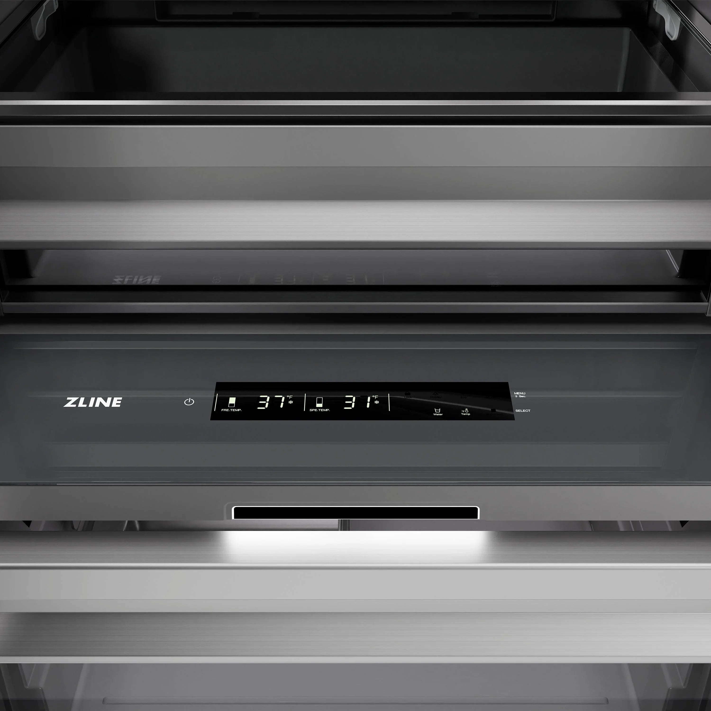 Close-up of digital display and control panel on panel-ready freezer drawer