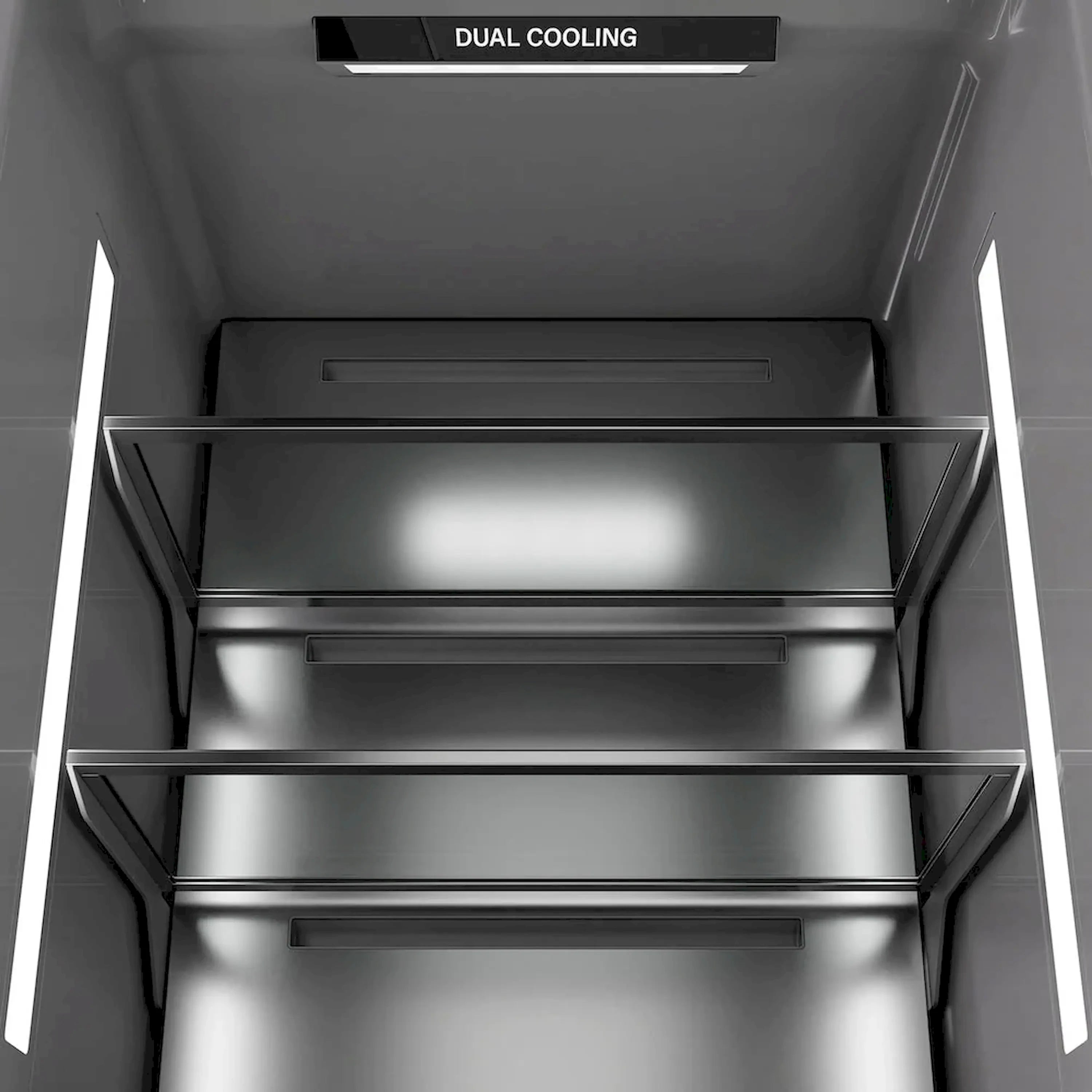 Panel-ready column refrigerator open with two compartments and interior light, graphite gray