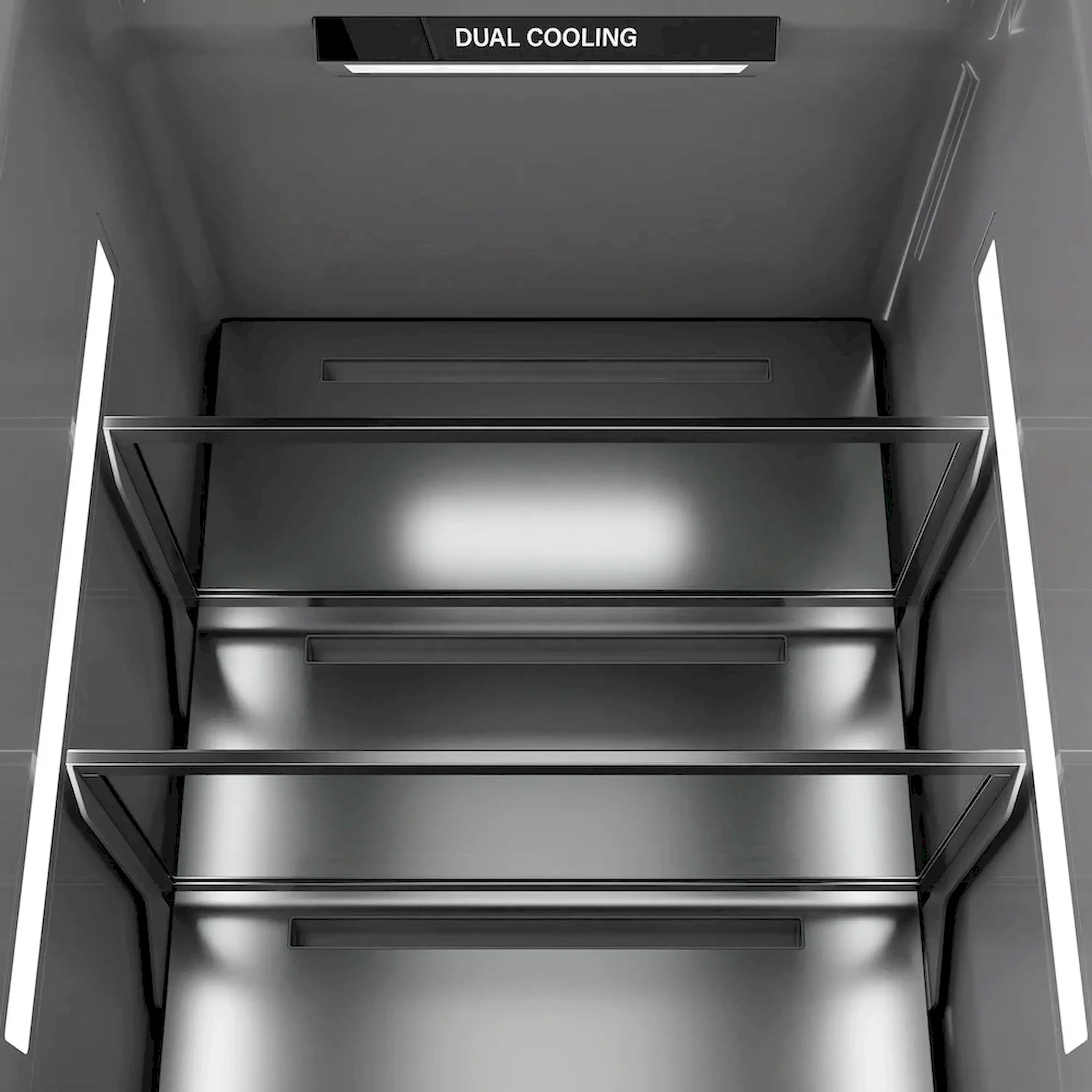 Panel-ready refrigerator/freezer interior with top shelf and bright interior light