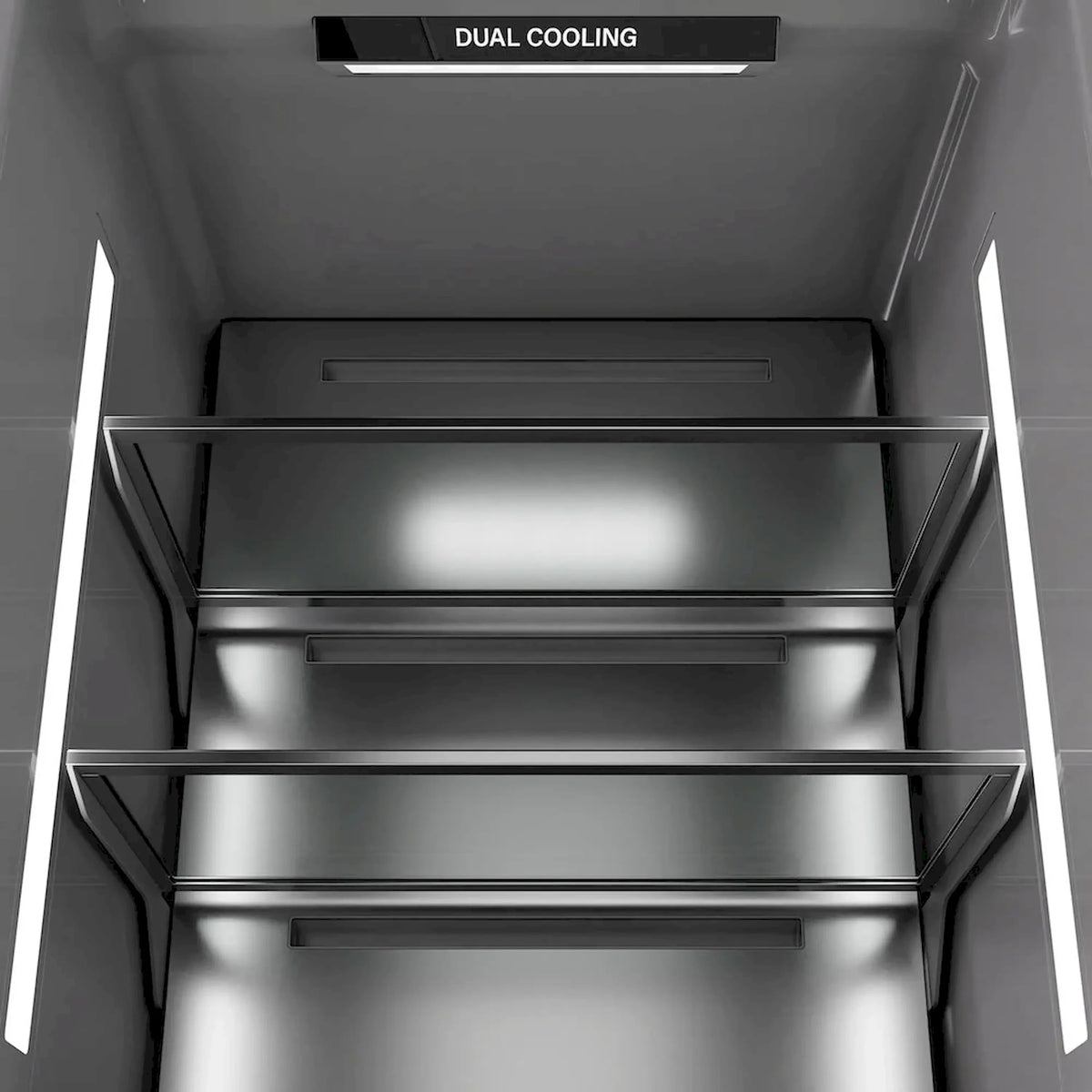 Refrigerator interior with dual cooling area and illuminated top compartment