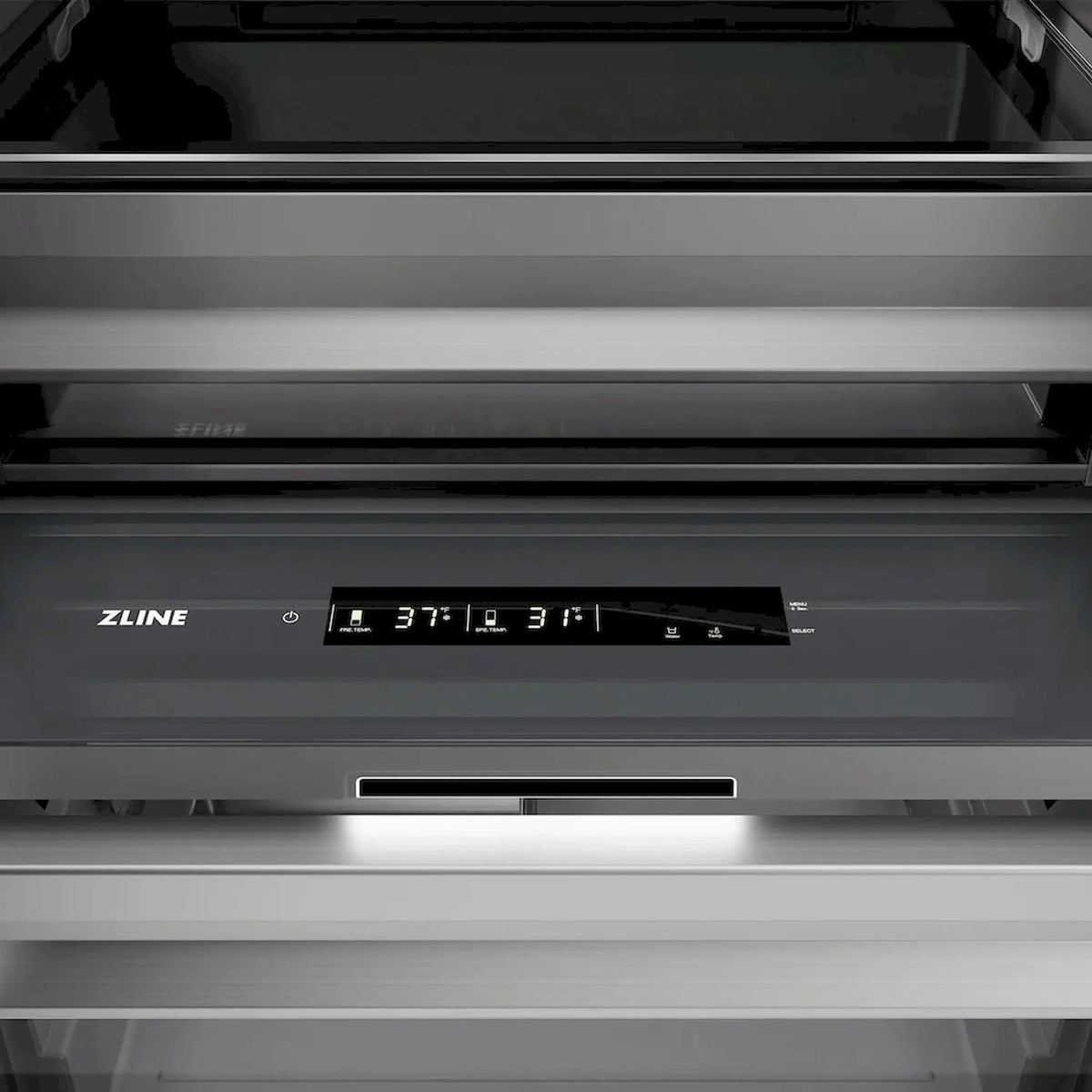 Matte black refrigerator control panel with ZLINE logo and digital temperature display