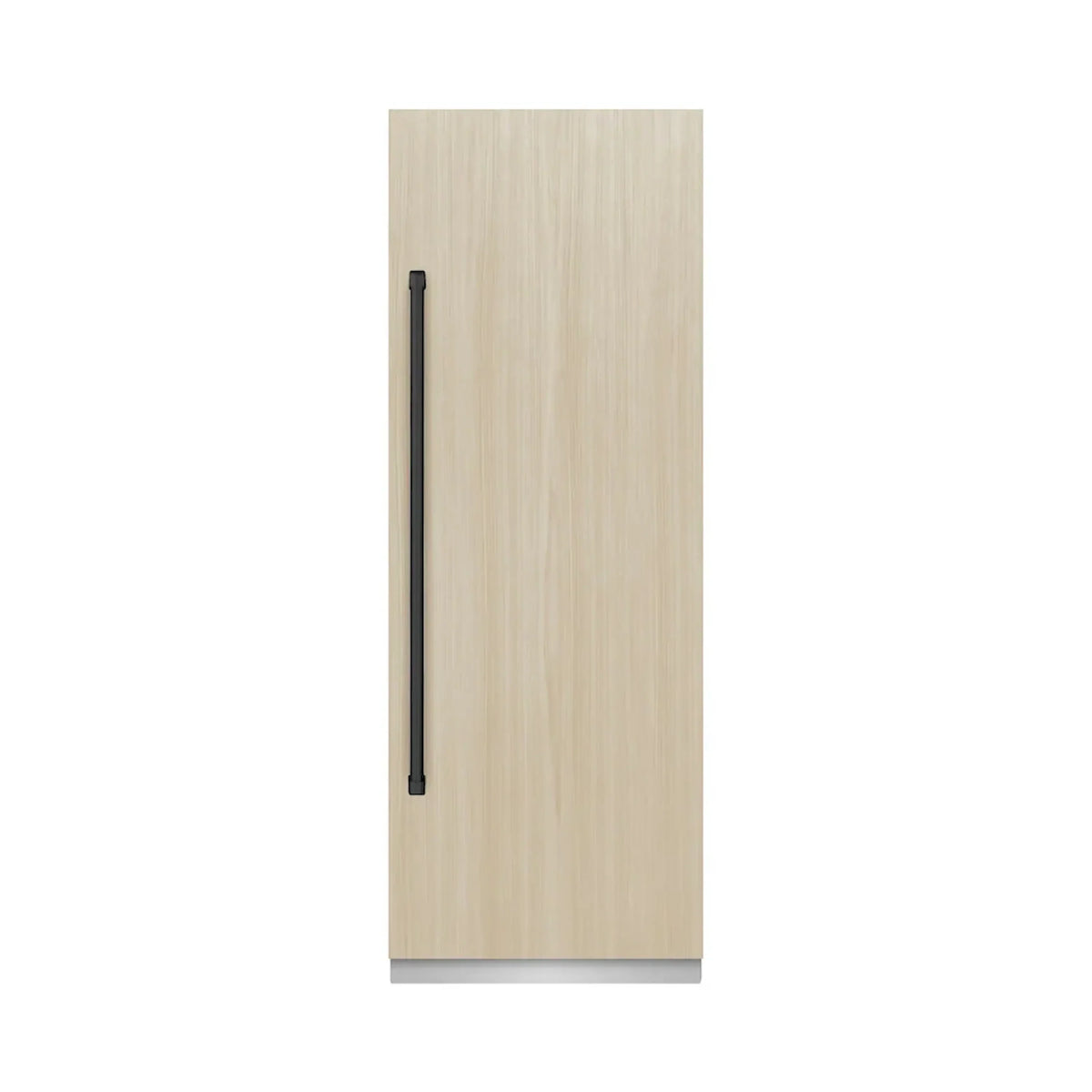 Panel-ready refrigerator door with light wood finish and matte black vertical handle