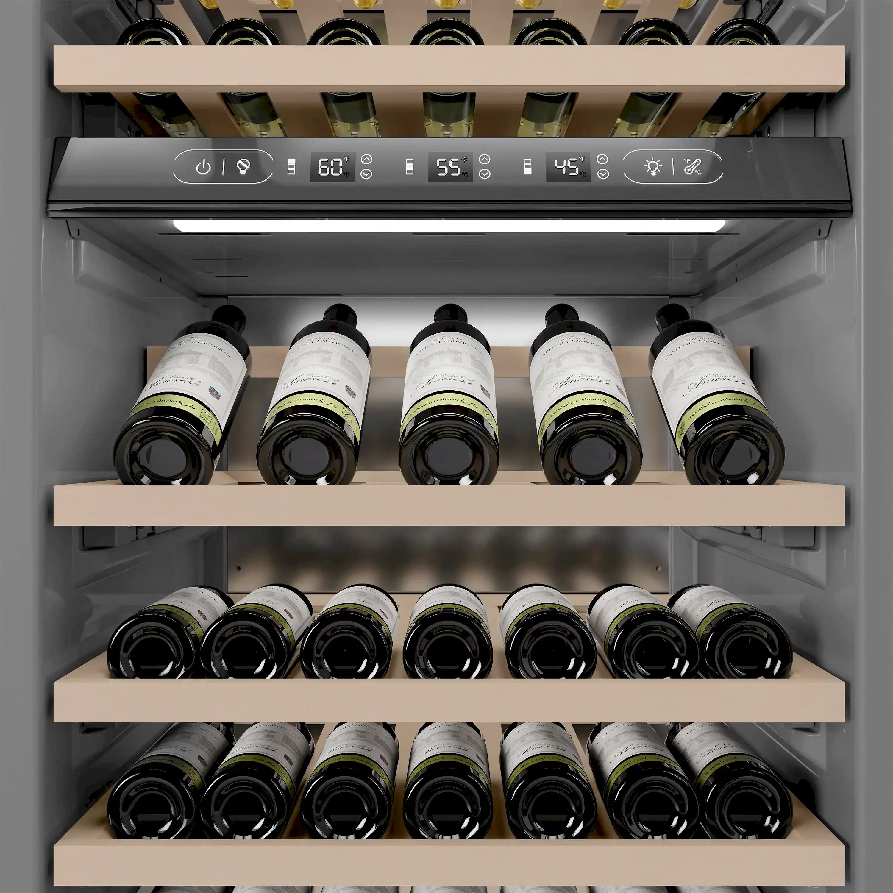 Wine cooler interior with bottle rows and overhead LED lighting