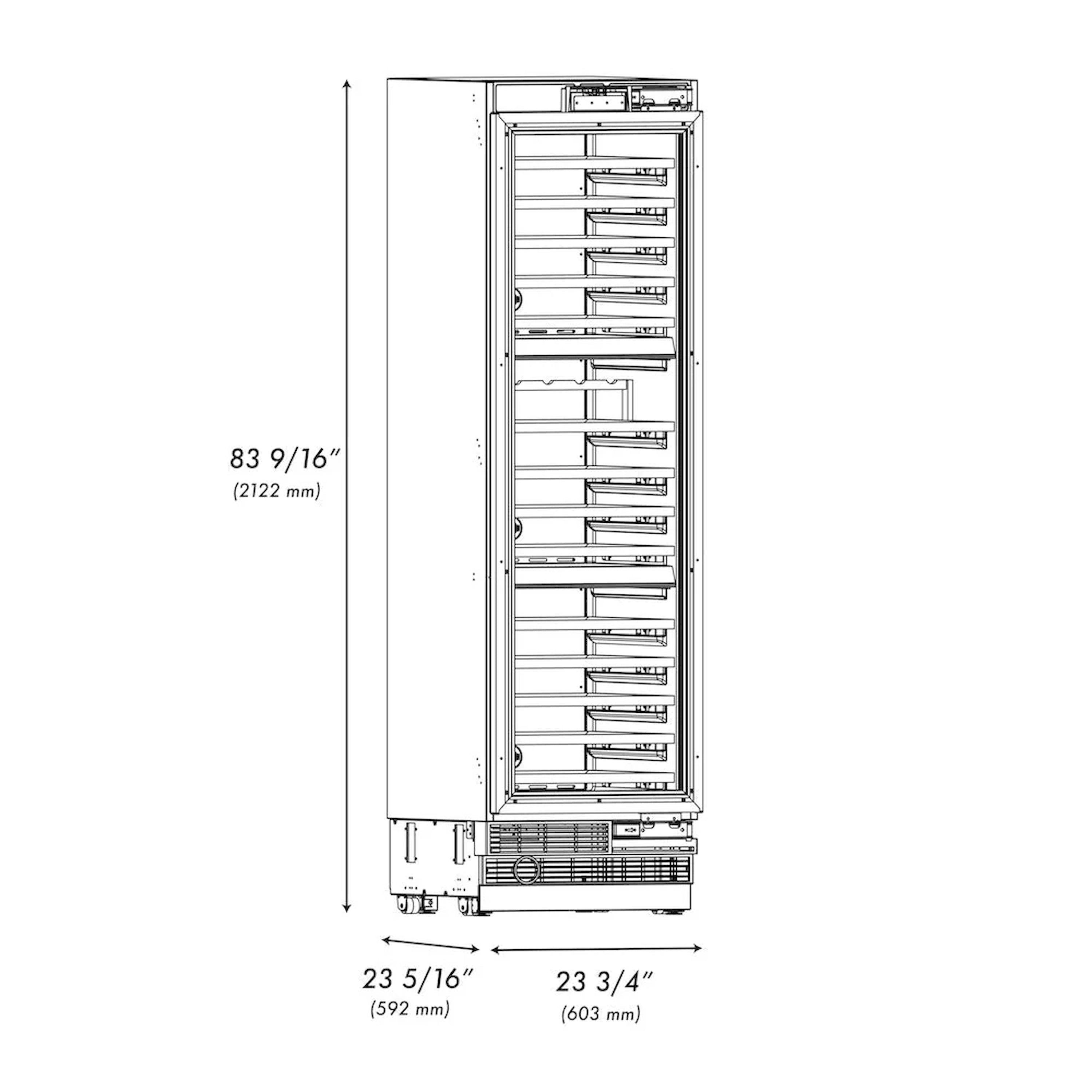 Wine cooler dimensions diagram with height and width measurements