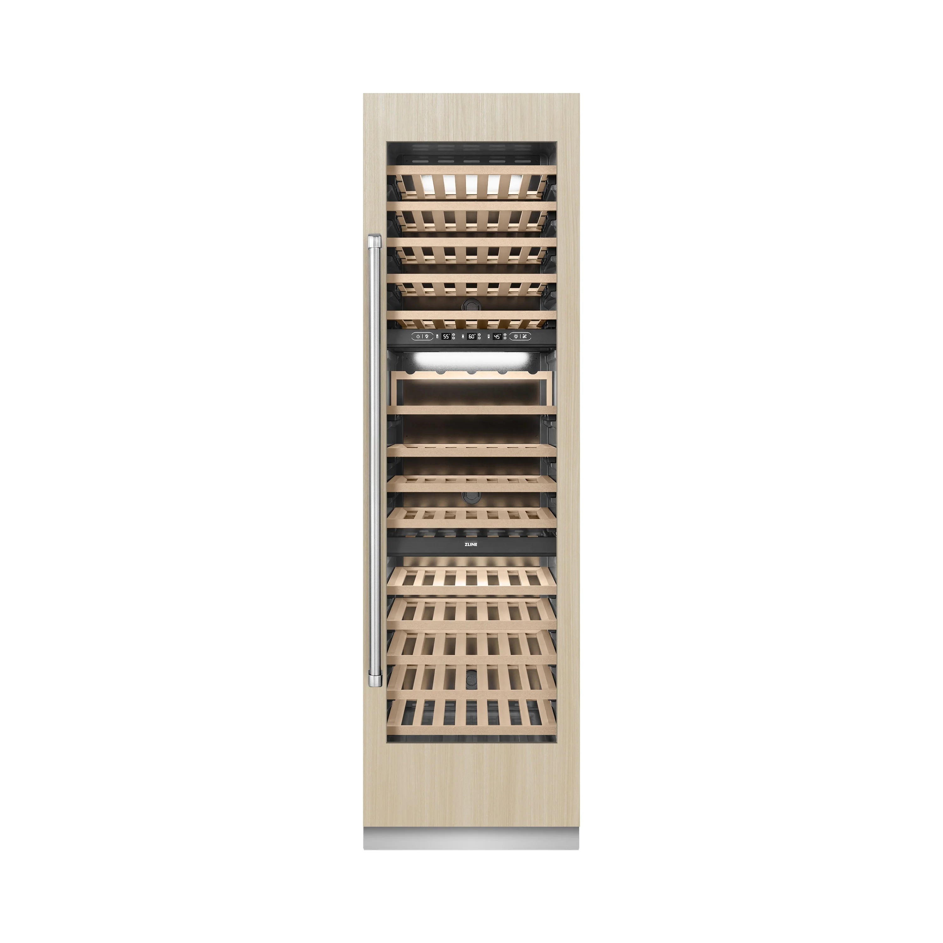 Integrated wine cooler with wood-front panel and open wooden bottle shelves