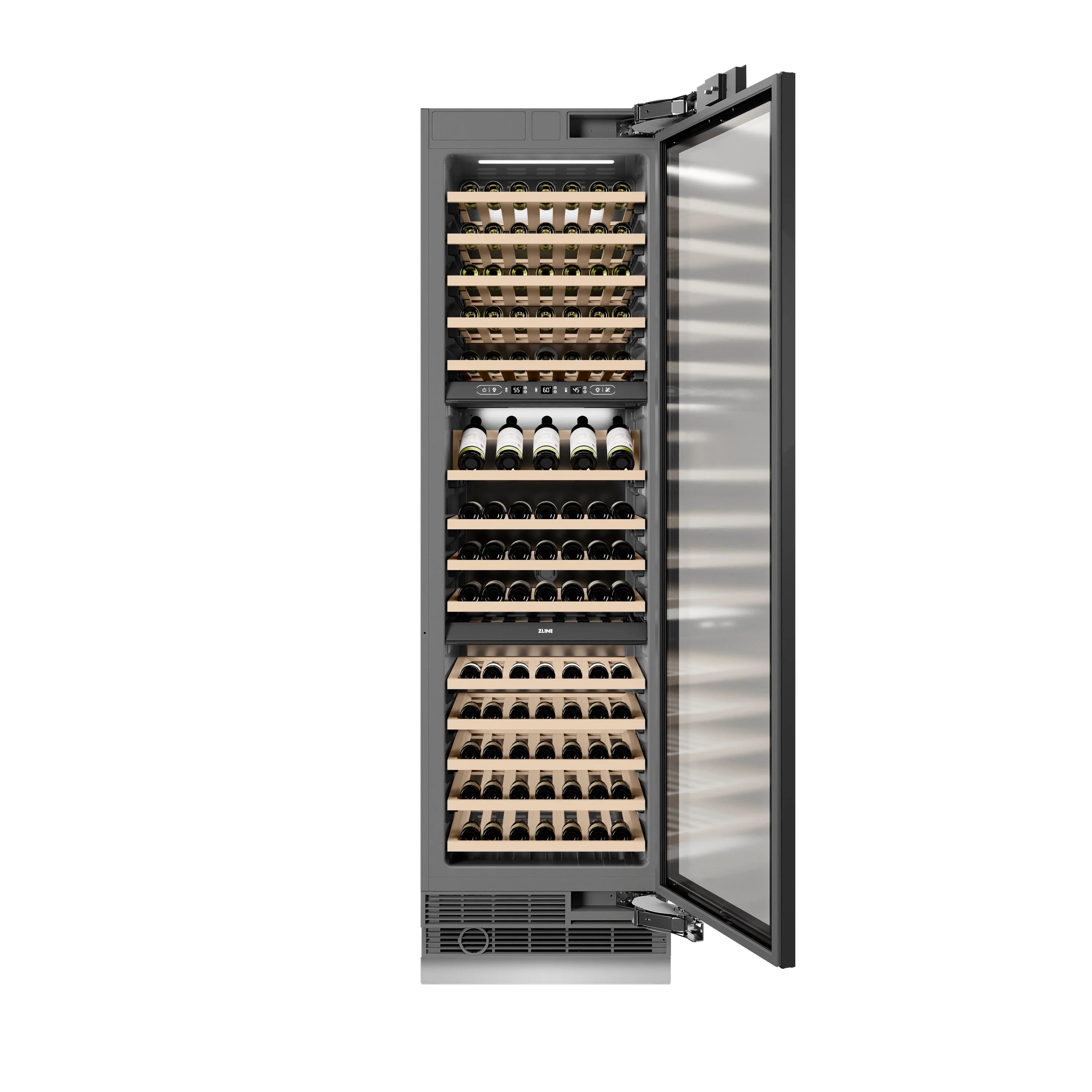 Wine cooler open interior with multi-row bottle racks and clear glass door