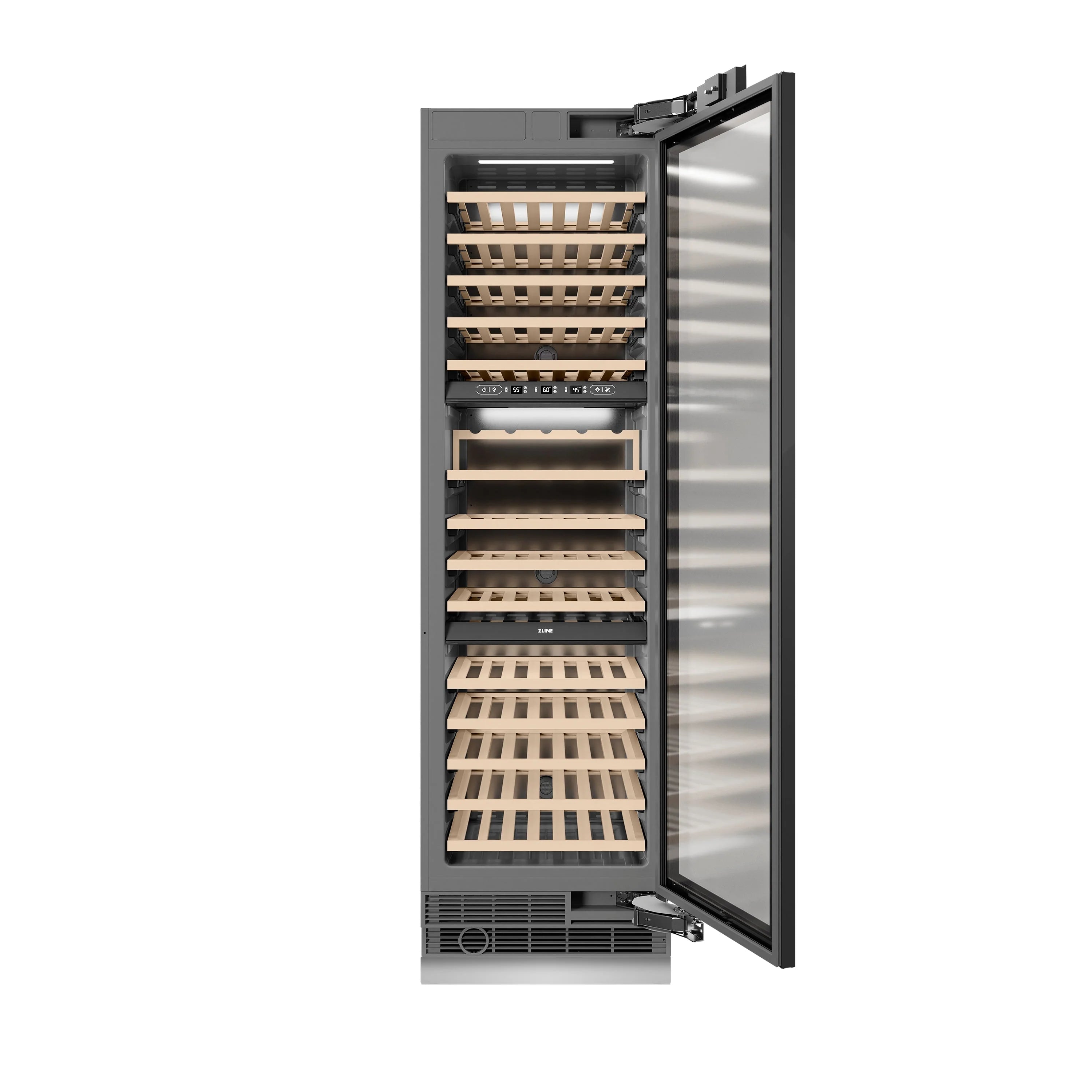 Wine cooler open side view with glass door and wooden bottle shelving