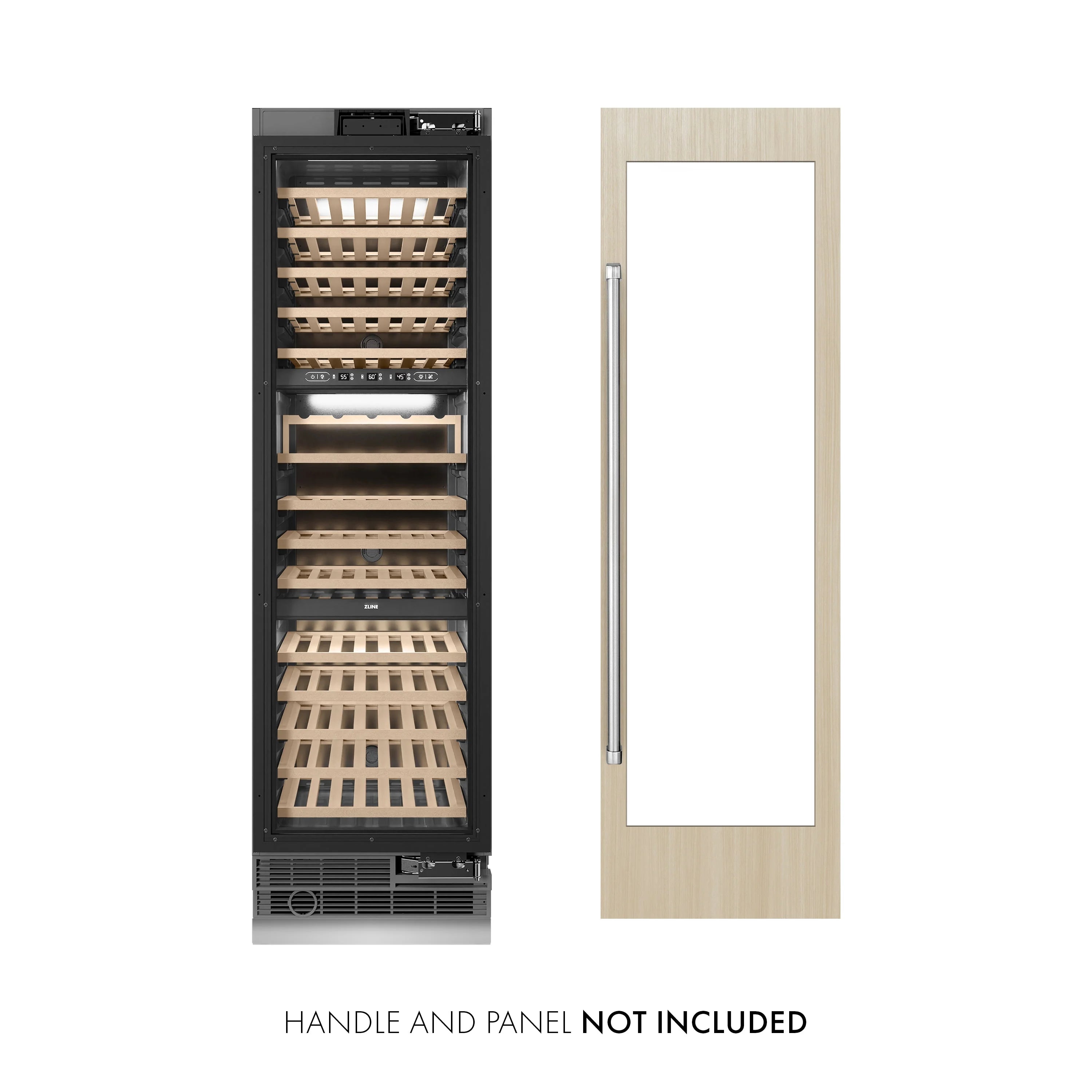 Panel-ready column wine cooler with open door showing dark interior and bottle racks