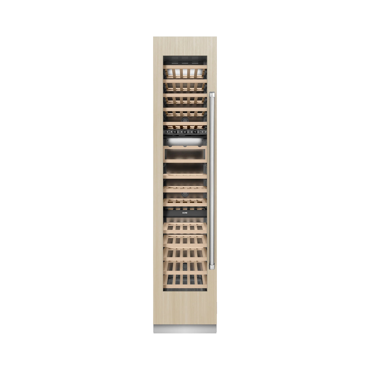 Panel-ready wine cooler with light birch interior racks and open door