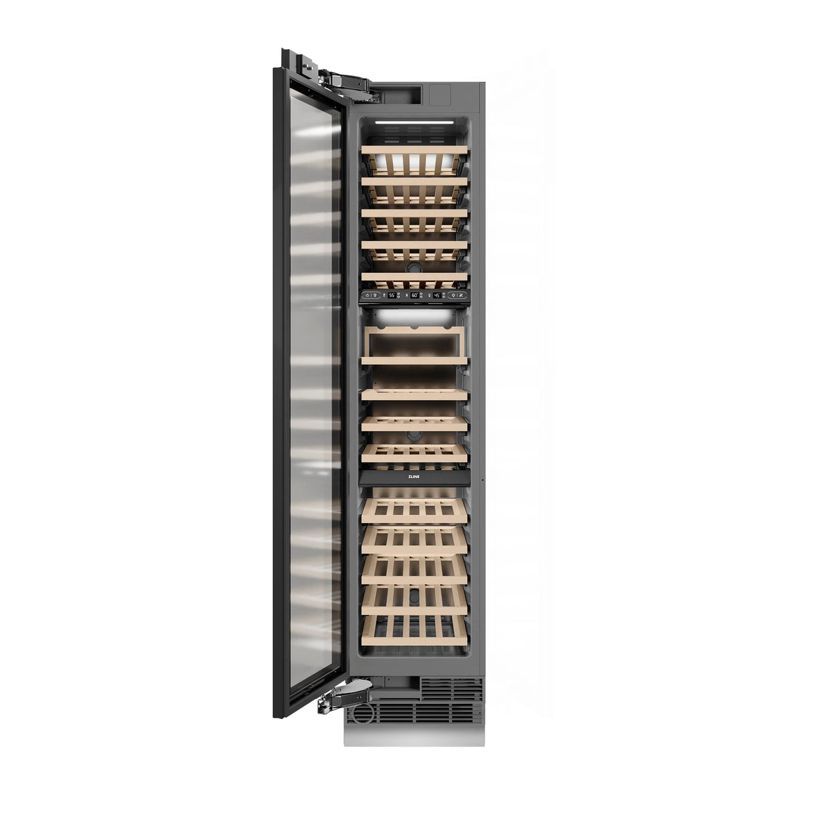 Open left-hinged wine cooler door showing birch racks and wine-bottle storage