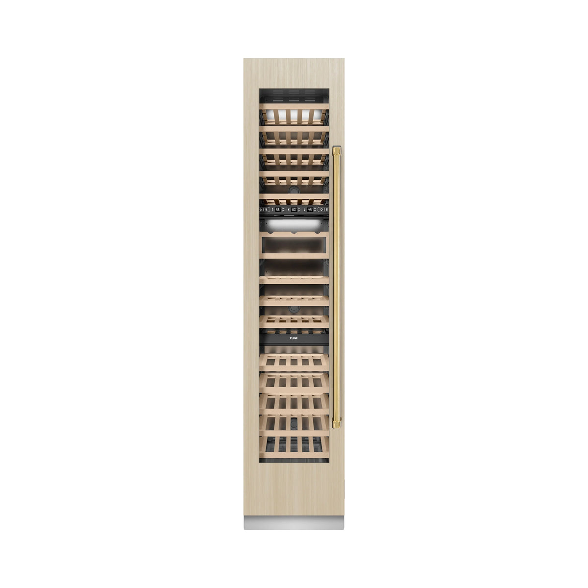Built-in wine cooler with open door showing light wood racks and gold-tone handle