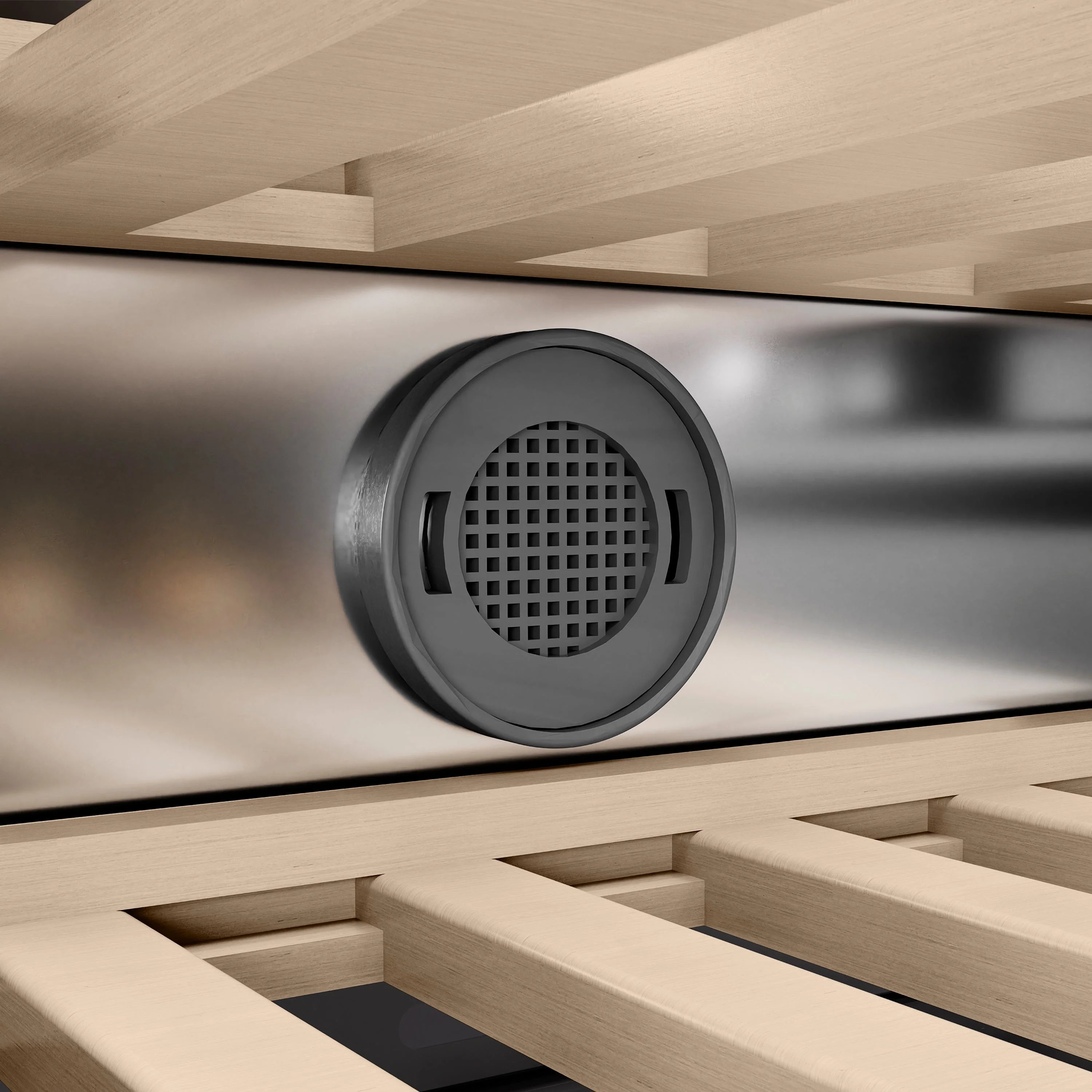 Wine cooler ventilation grille inside the interior above birch wood racks