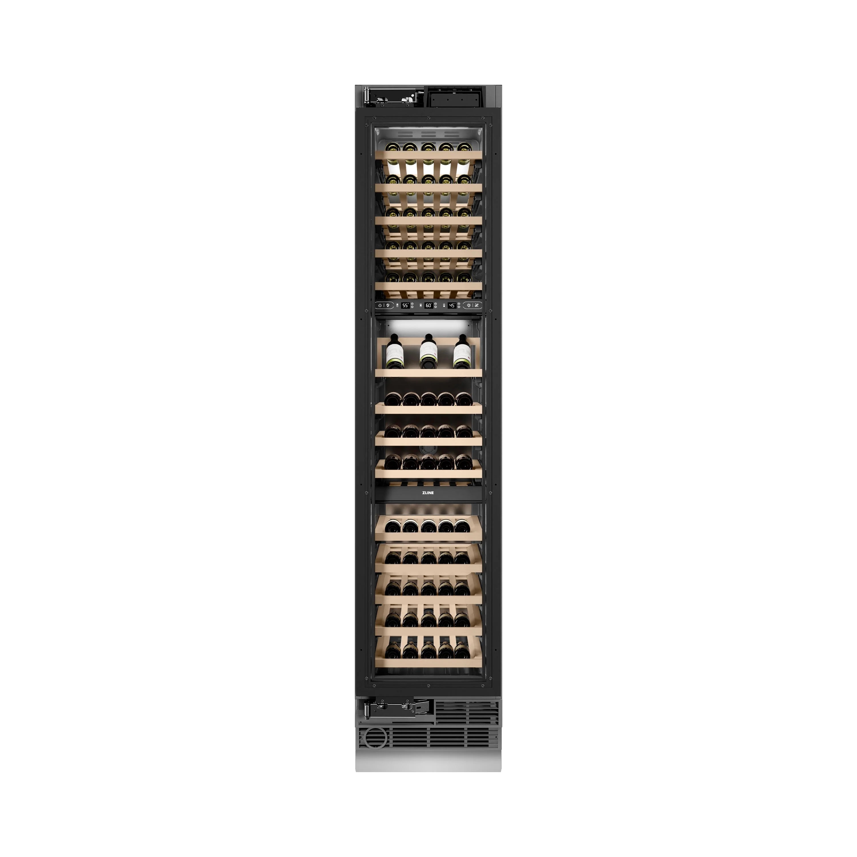 Black wine cooler column with multi-row racks holding bottles