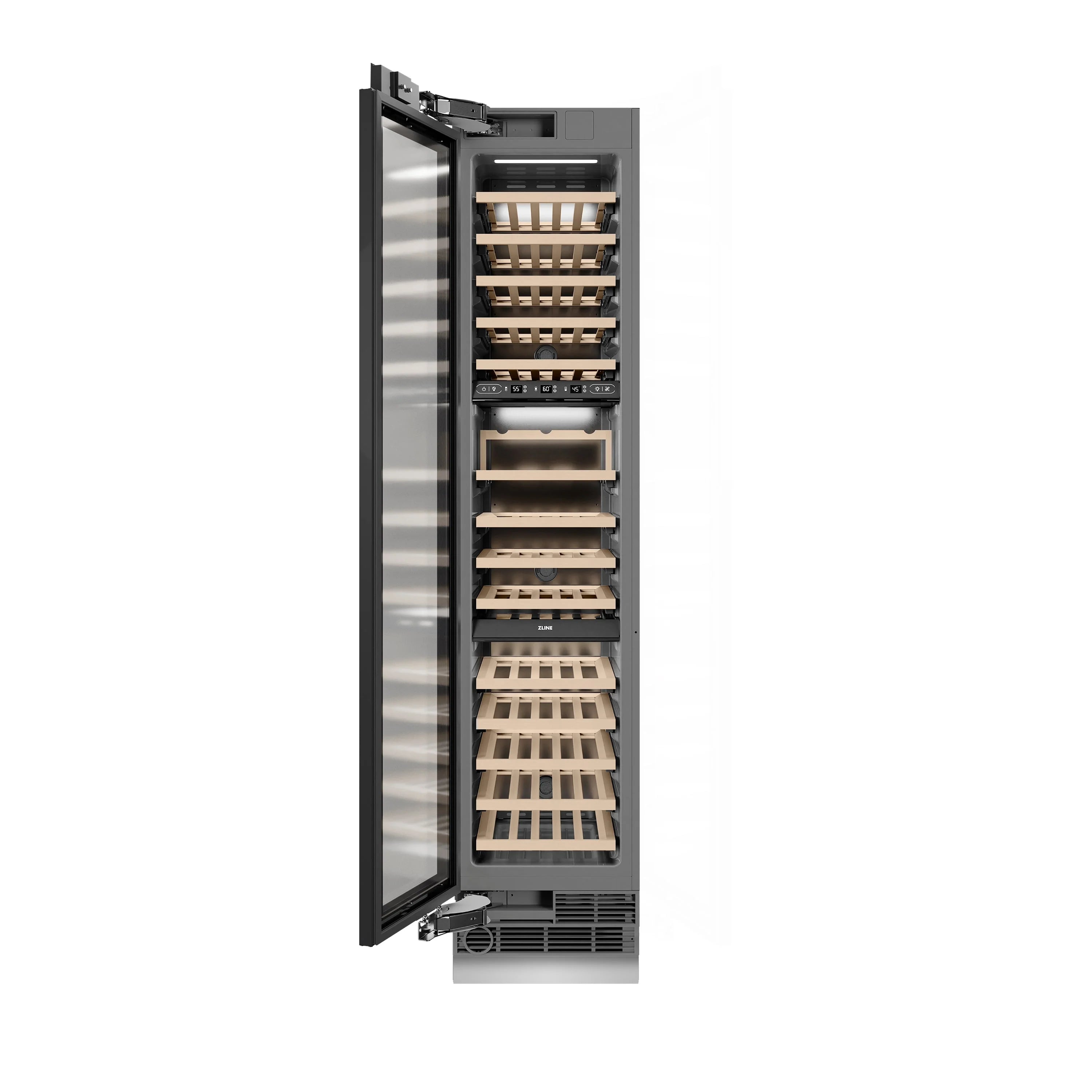 Open panel-ready wine cooler column with left-hinged door and interior racks