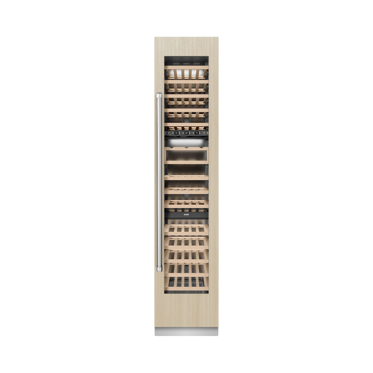 Panel-ready wine cooler shown with matching wood door panel
