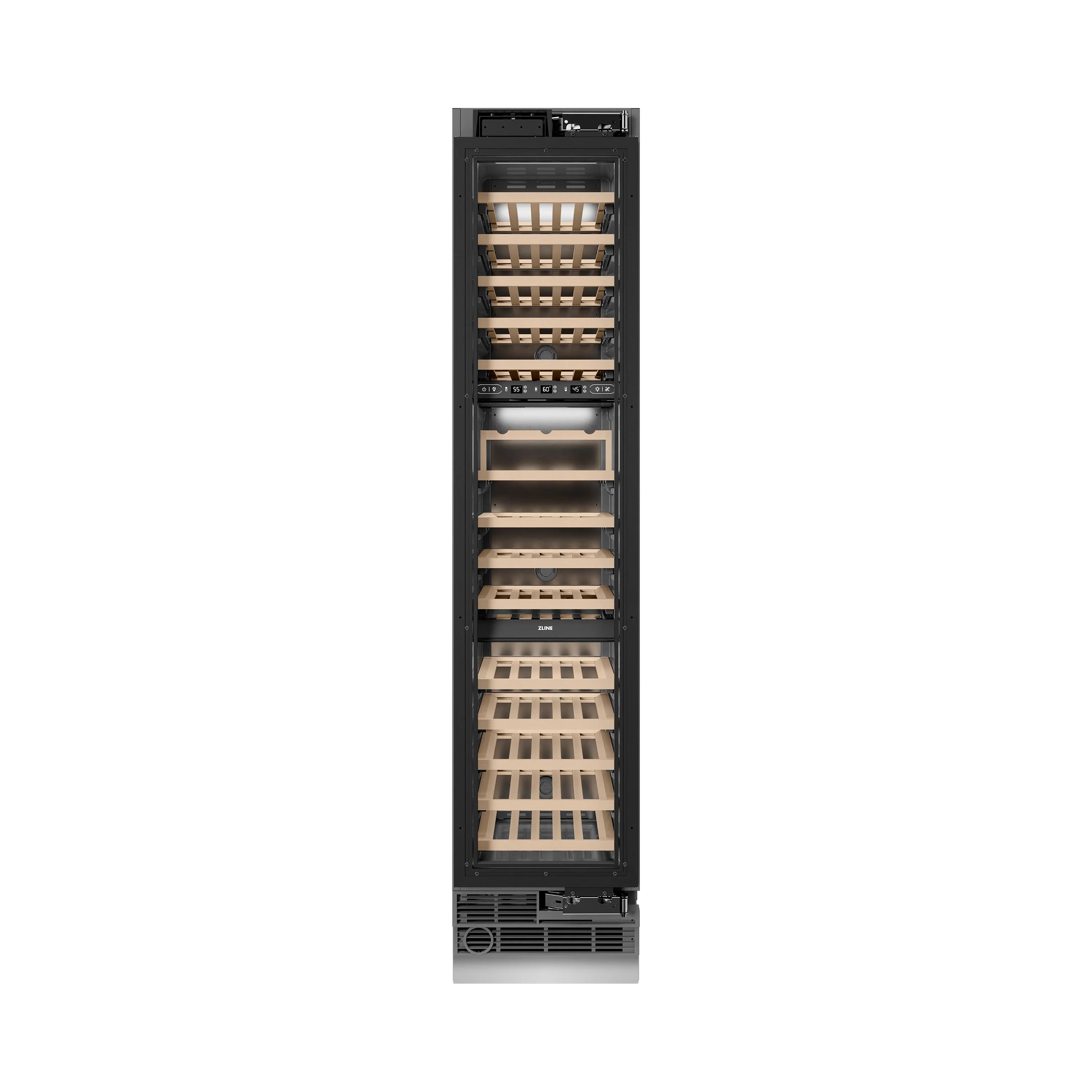 Black built-in wine cooler with open door revealing light wood racks