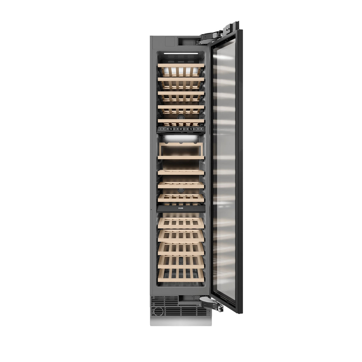 Panel-ready wine cooler open door with light wood racks and front vents