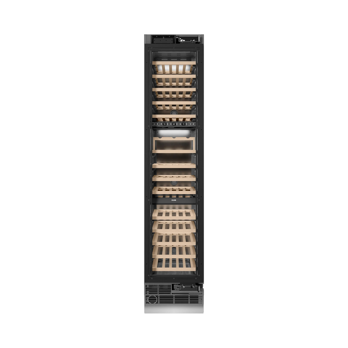 Tall wine cooler with black cabinet, wooden racks, and bottle storage compartments
