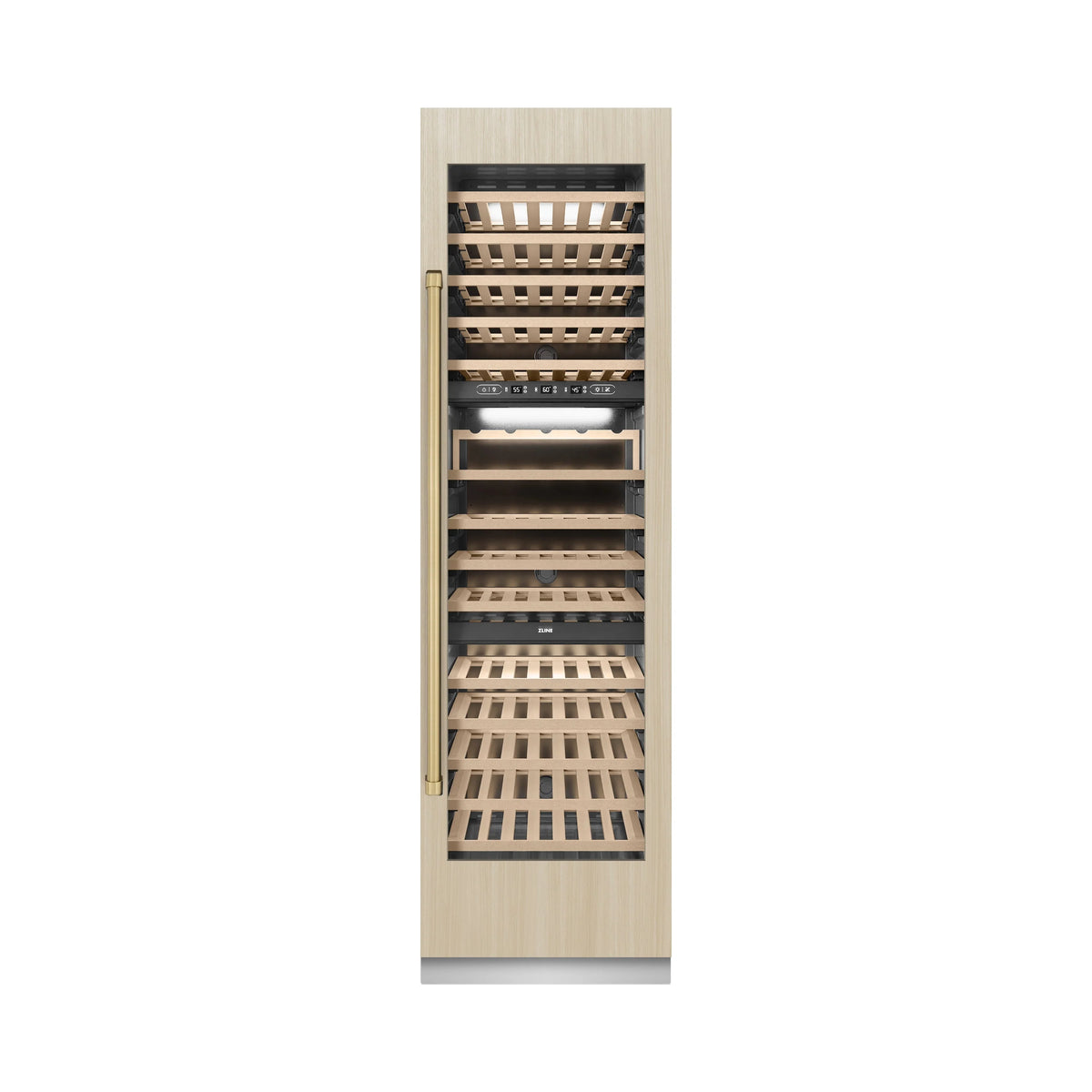 Panel-ready column wine cooler with birch wood door front and ventilation grille