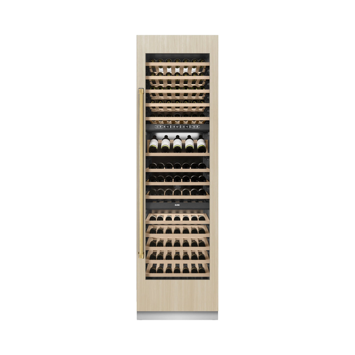 Panel-ready wine cooler with light wood front and tall glass door showing bottle racks