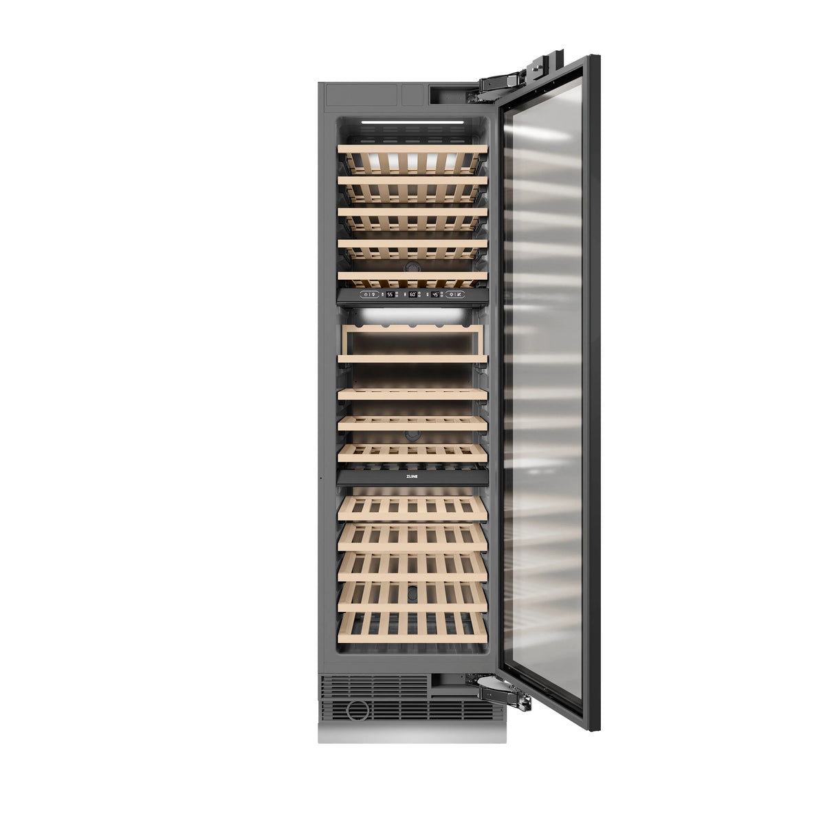 Open wine cooler door with wood racks and bottle storage shelves in a stainless cabinet