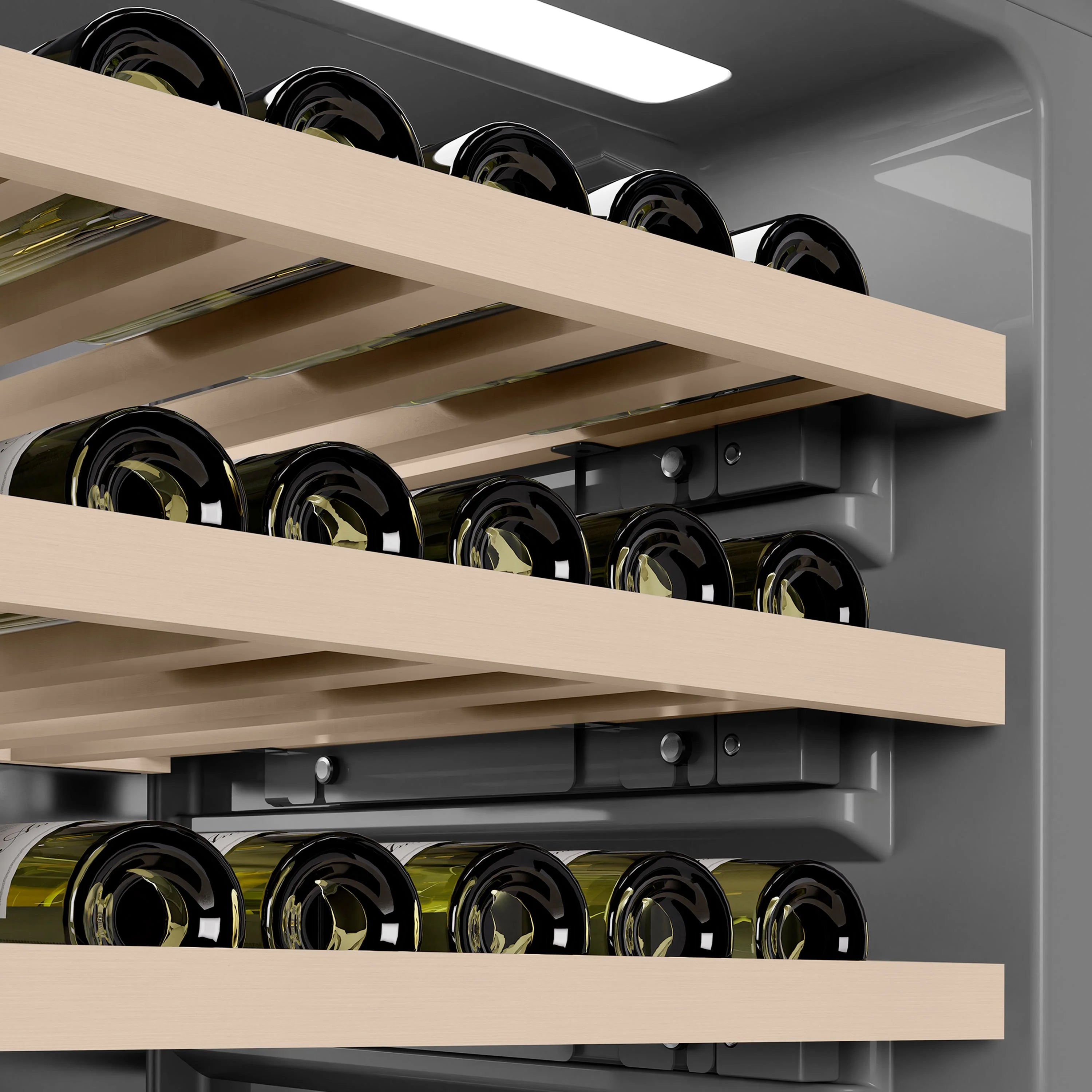 Inside view of a column wine cooler with tiered wood bottle racks