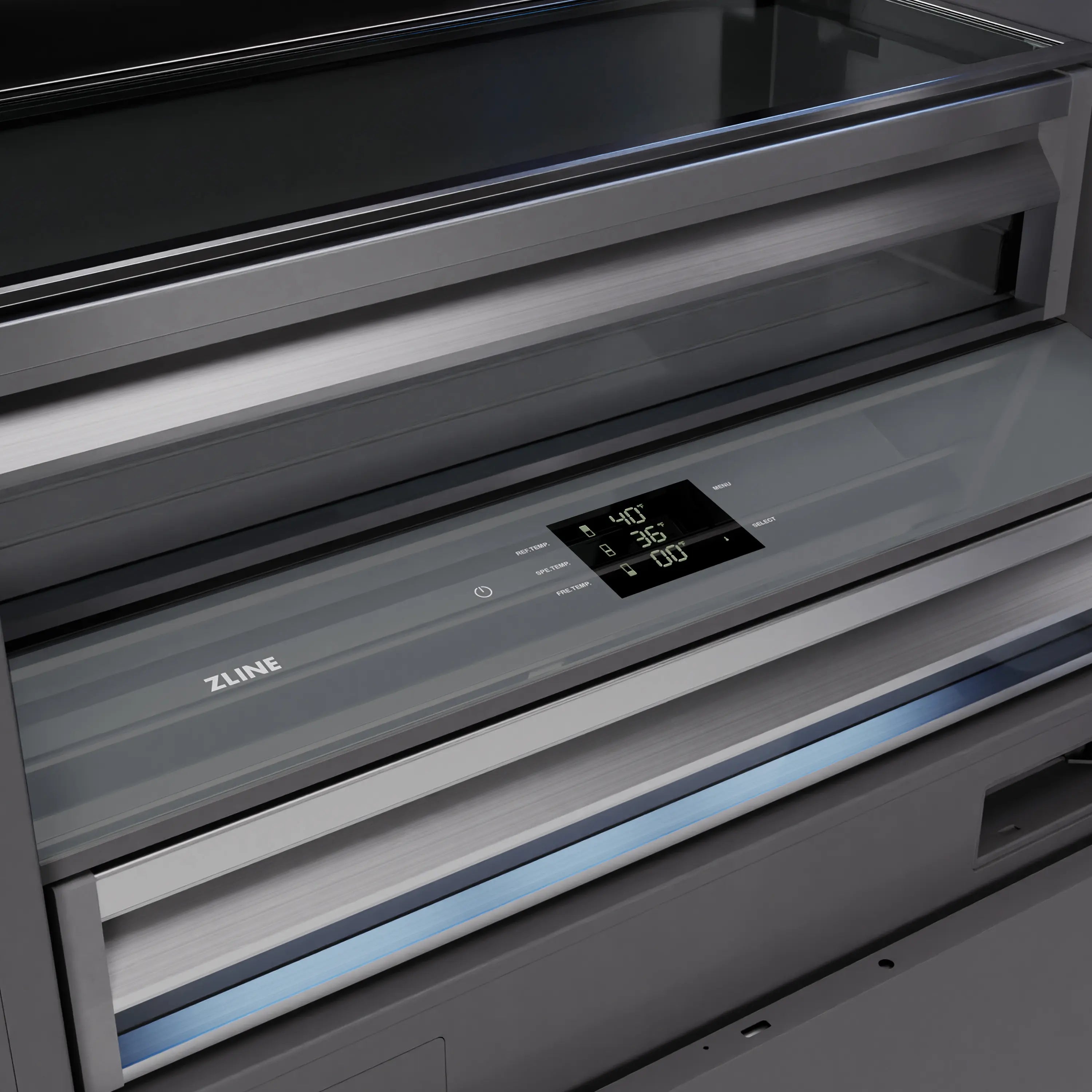 ZLINE built-in bottom freezer refrigerator with stainless interior rails and digital display