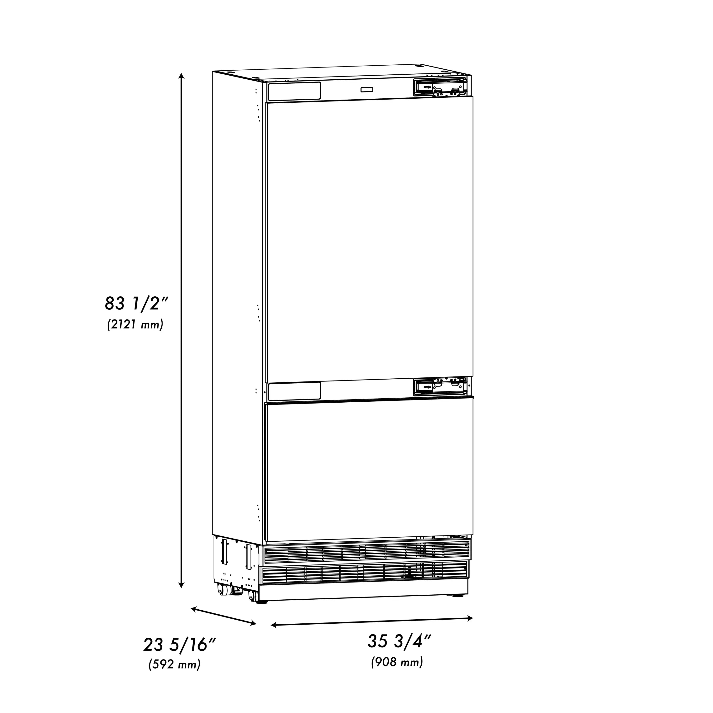 ZLINE built-in bottom freezer refrigerator dimensions diagram with height and width labels