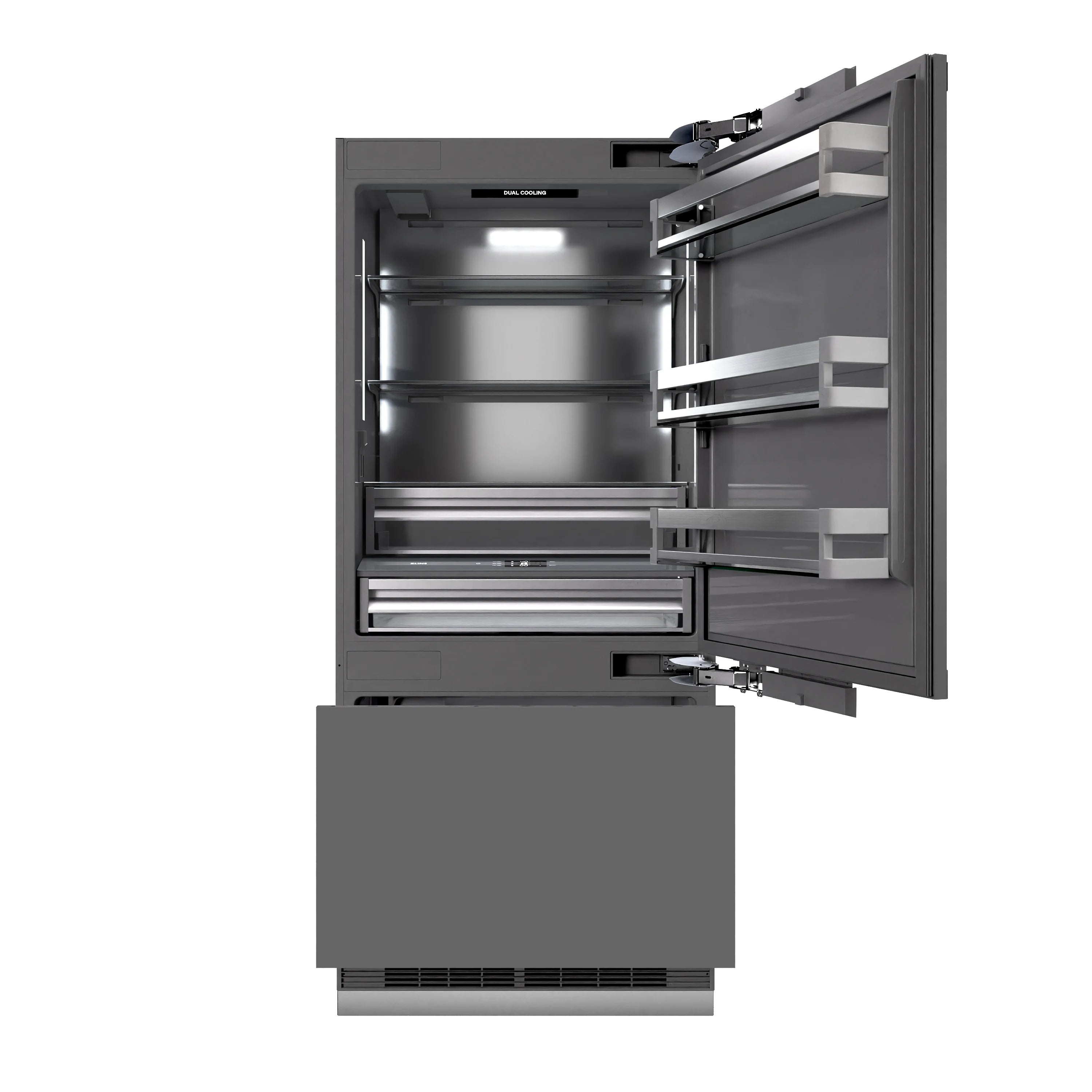 ZLINE built-in bottom freezer refrigerator with open freezer drawer and interior shelves