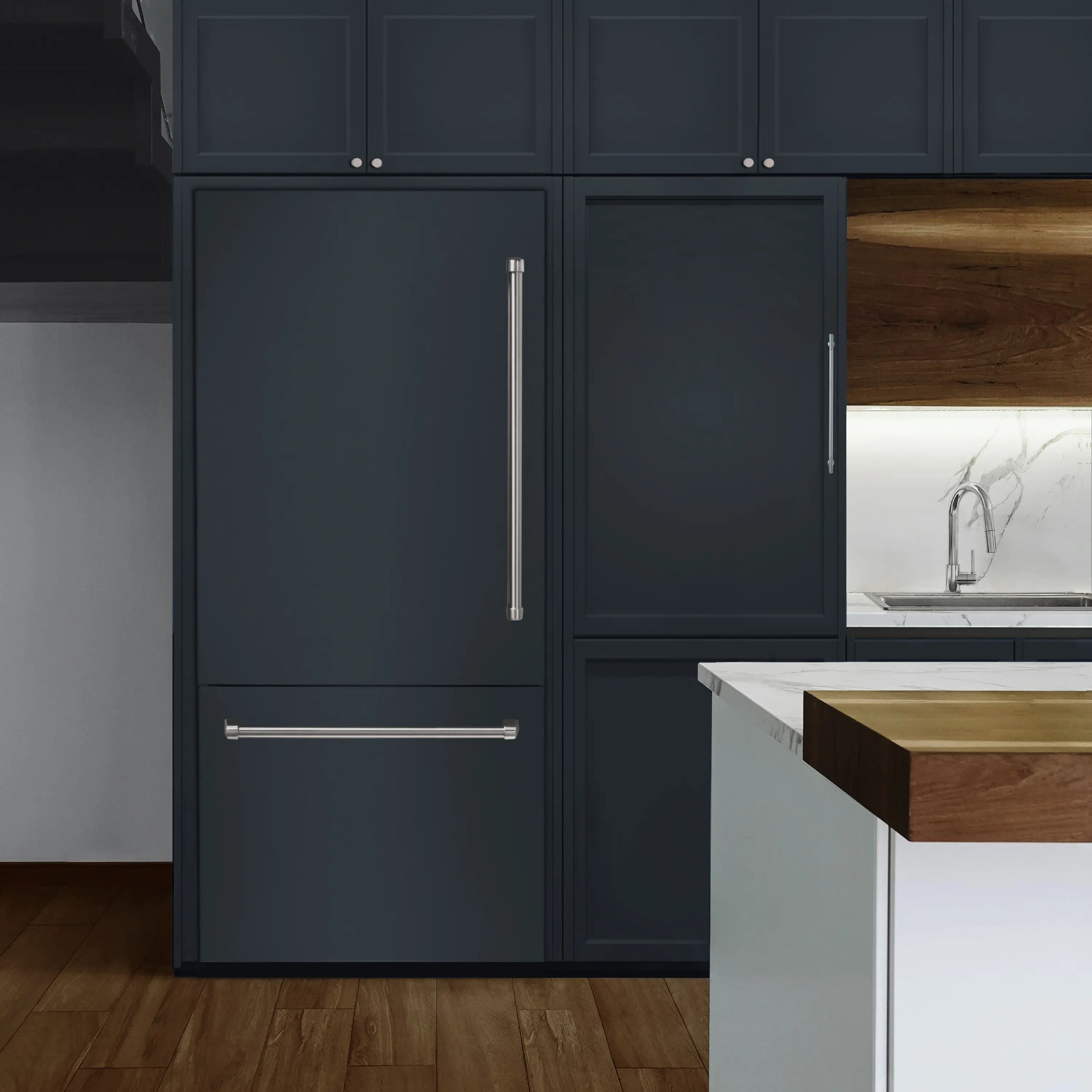 Panel-ready ZLINE built-in bottom freezer refrigerator with integrated doors and long handle