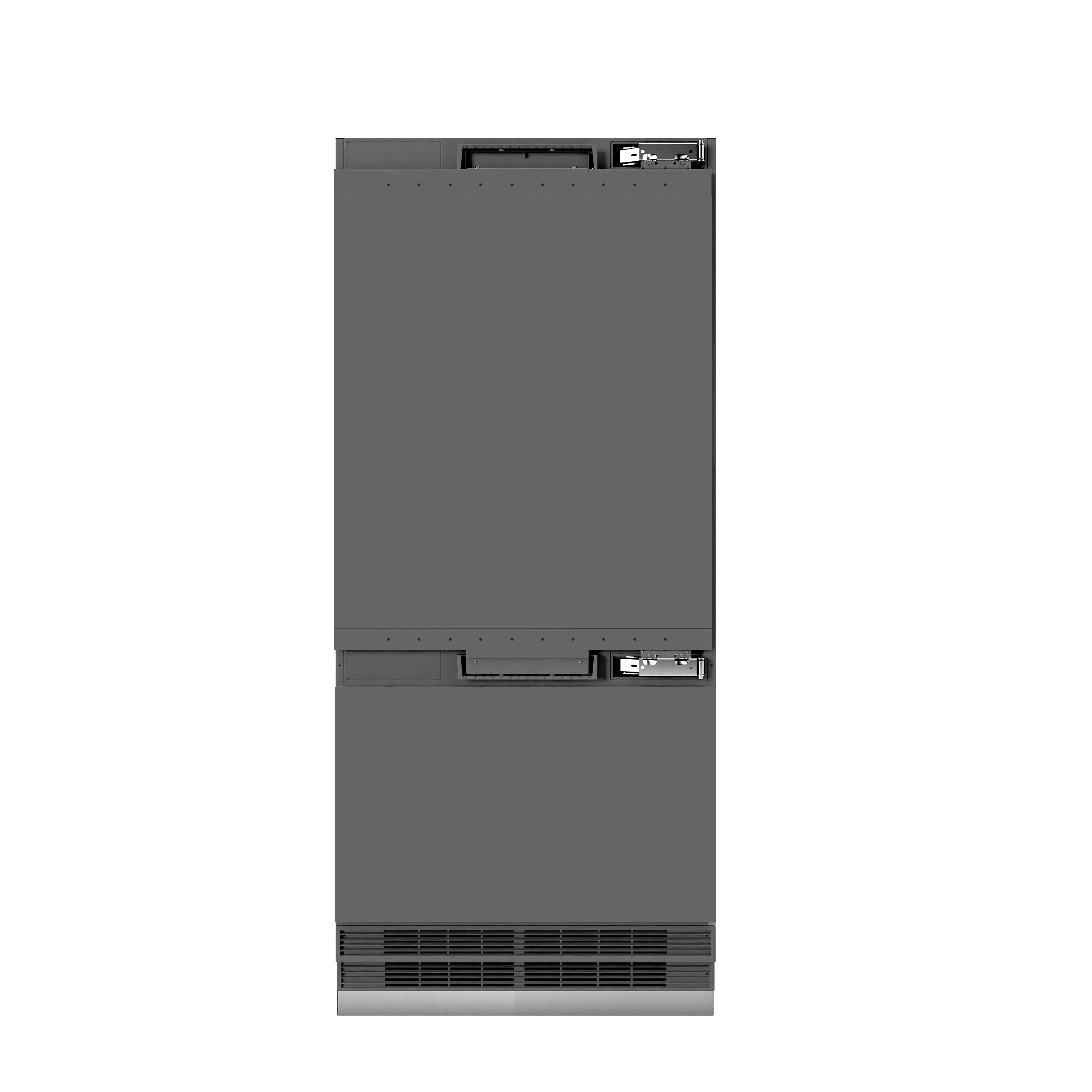 Built-in bottom freezer refrigerator with graphite gray exterior and bottom ventilation grille