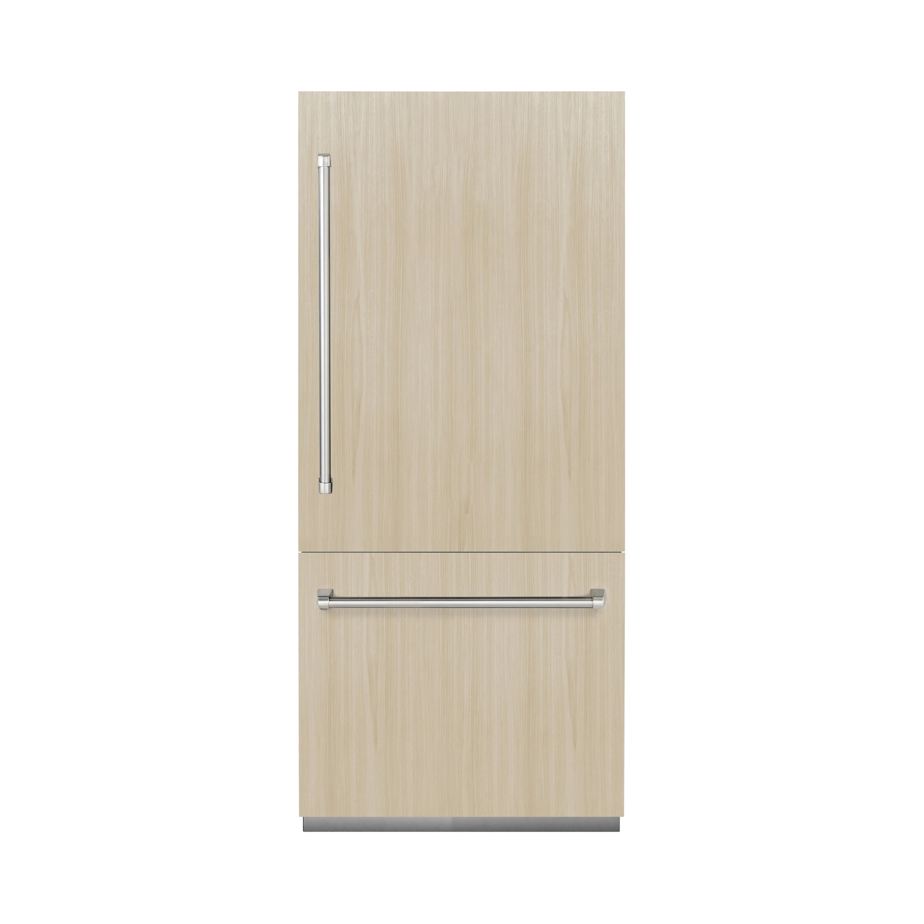 Built-in bottom freezer refrigerator with wood panel front, water dispenser and pull handle