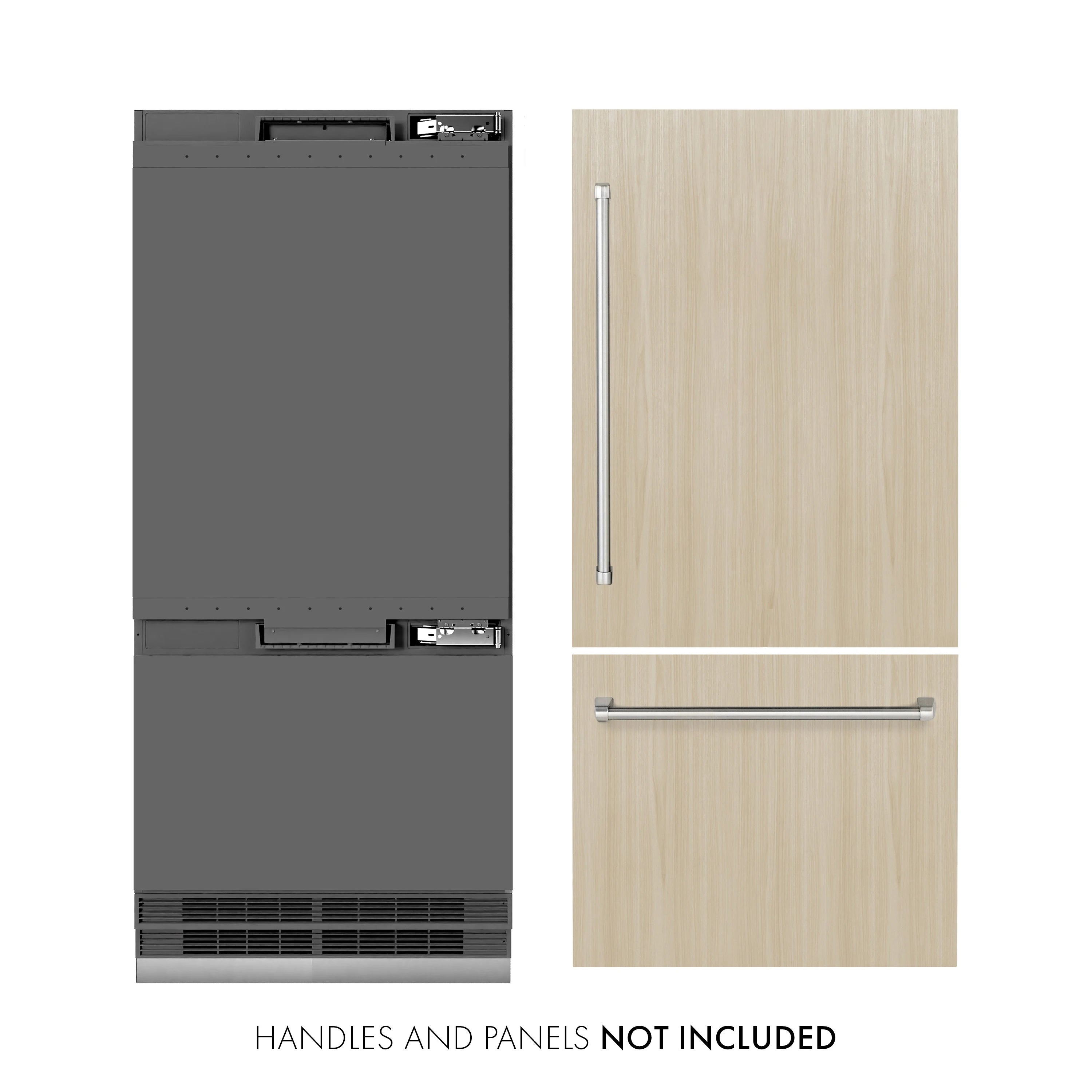 ZLINE built-in bottom freezer refrigerator with graphite gray interior and water dispenser area