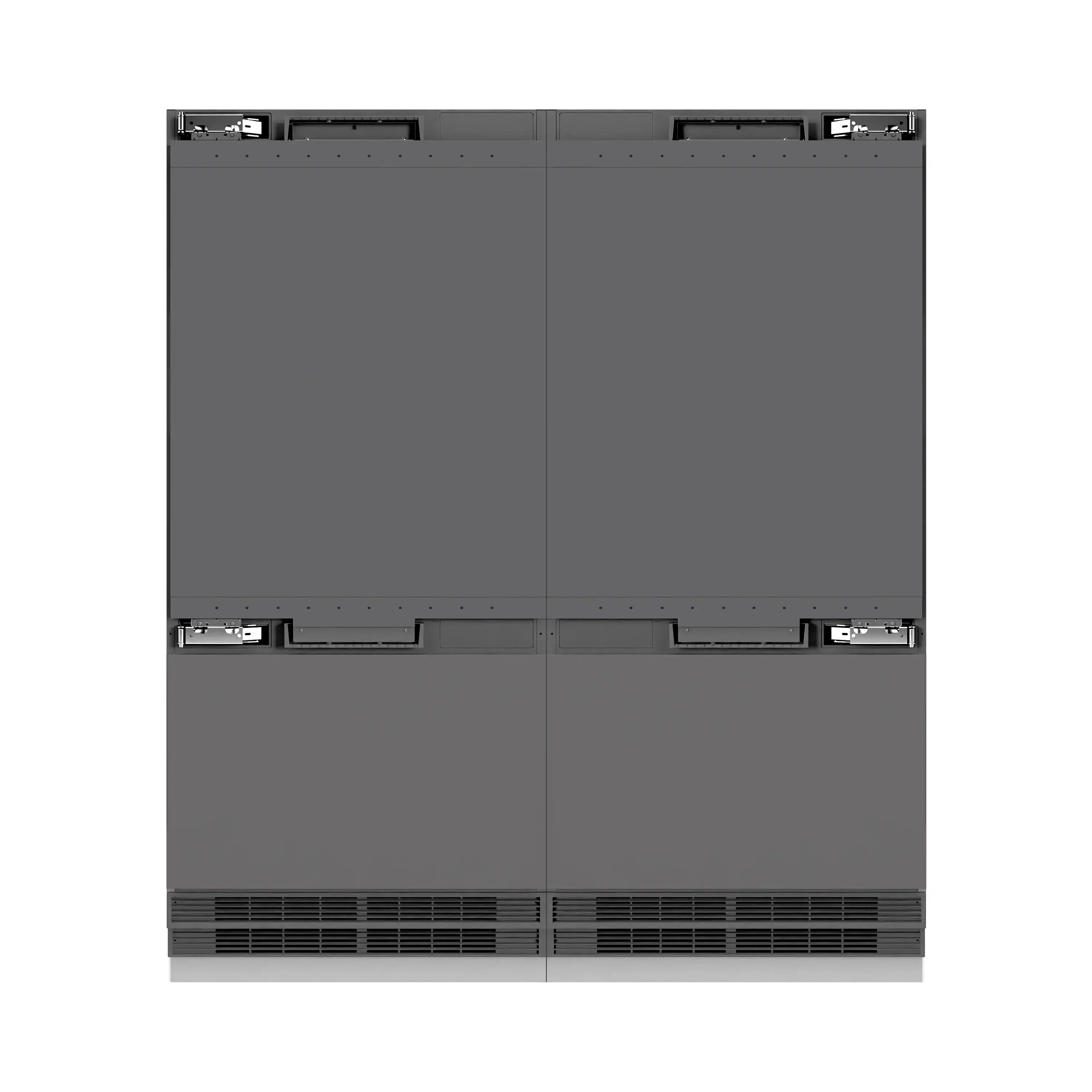Panel-ready bottom freezer refrigerator front view with graphite gray compartments and vented grilles.