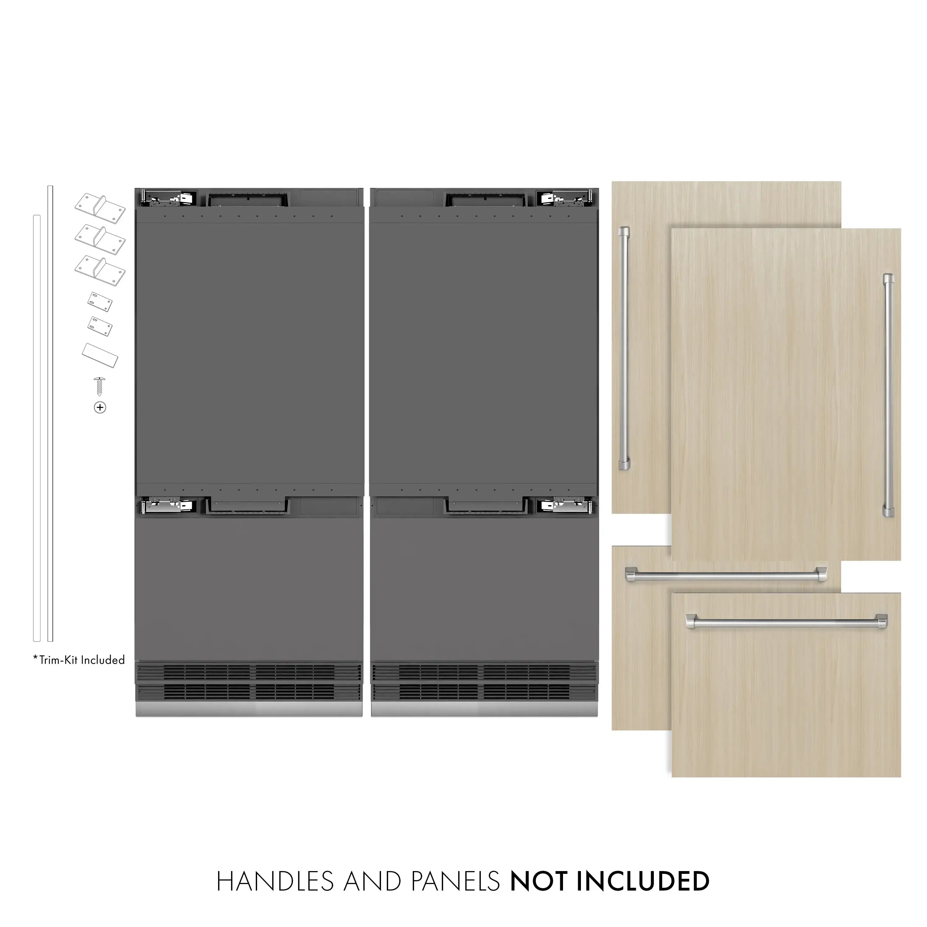 Panel-ready bottom freezer refrigerator, doors removed view with cutout for custom panels.