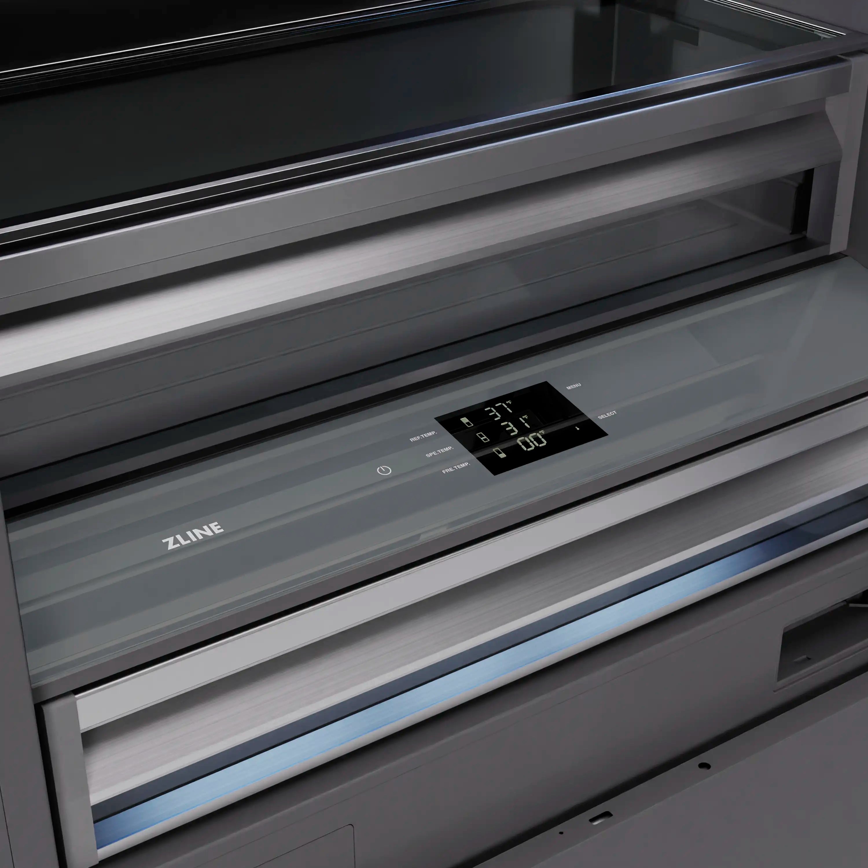 Refrigerator bottom freezer control panel with ZLINE logo and digital display window