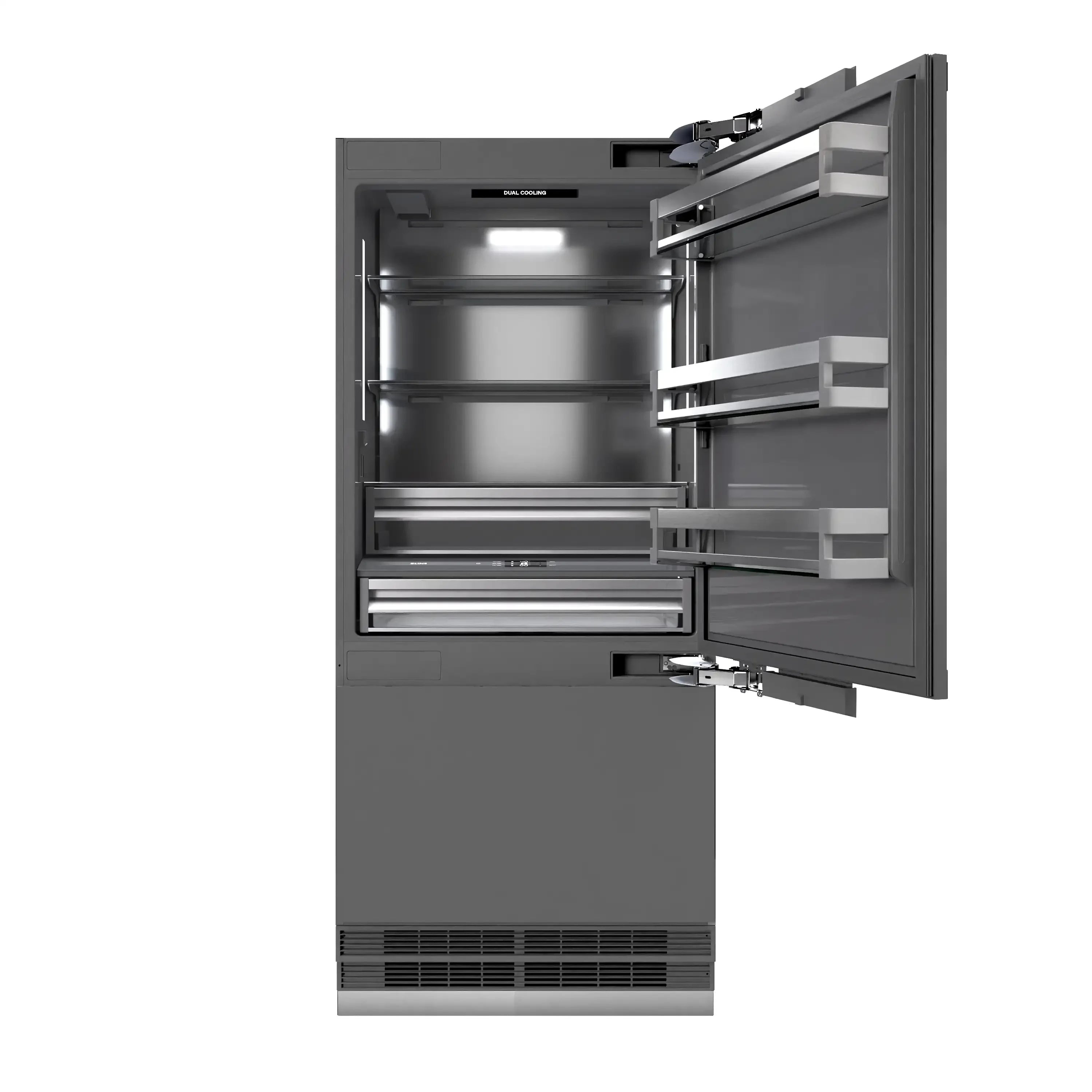 Built-in bottom freezer refrigerator with open freezer door and interior shelves in graphite gray