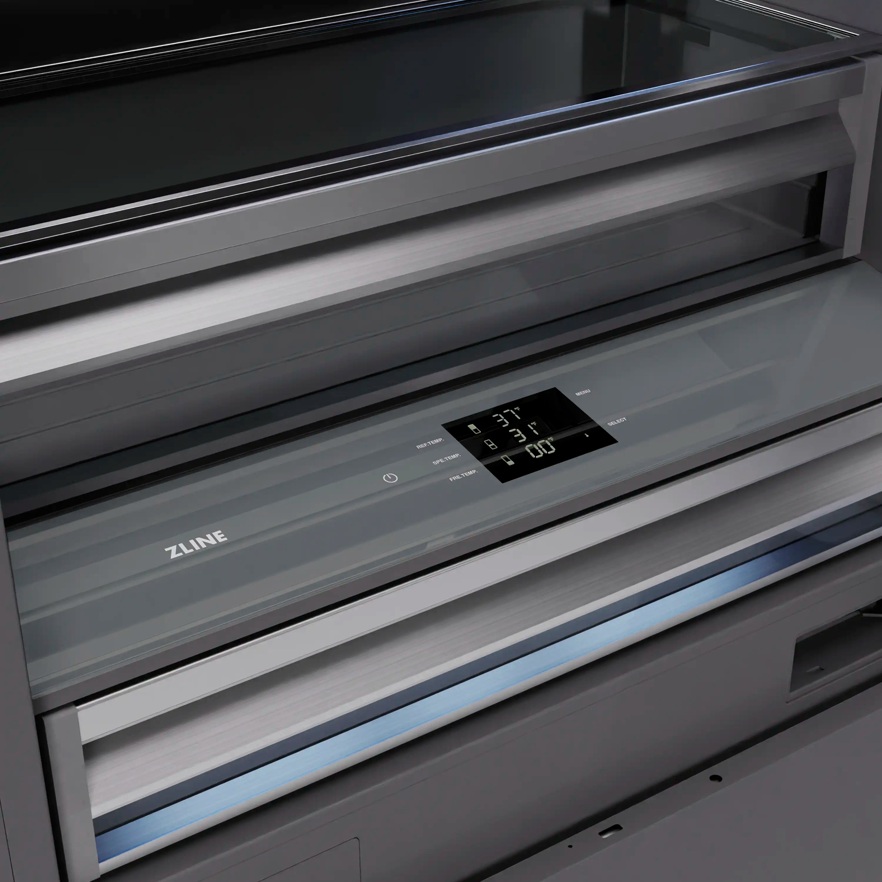 Graphite gray bottom-freezer refrigerator with built-in control display and gold accents