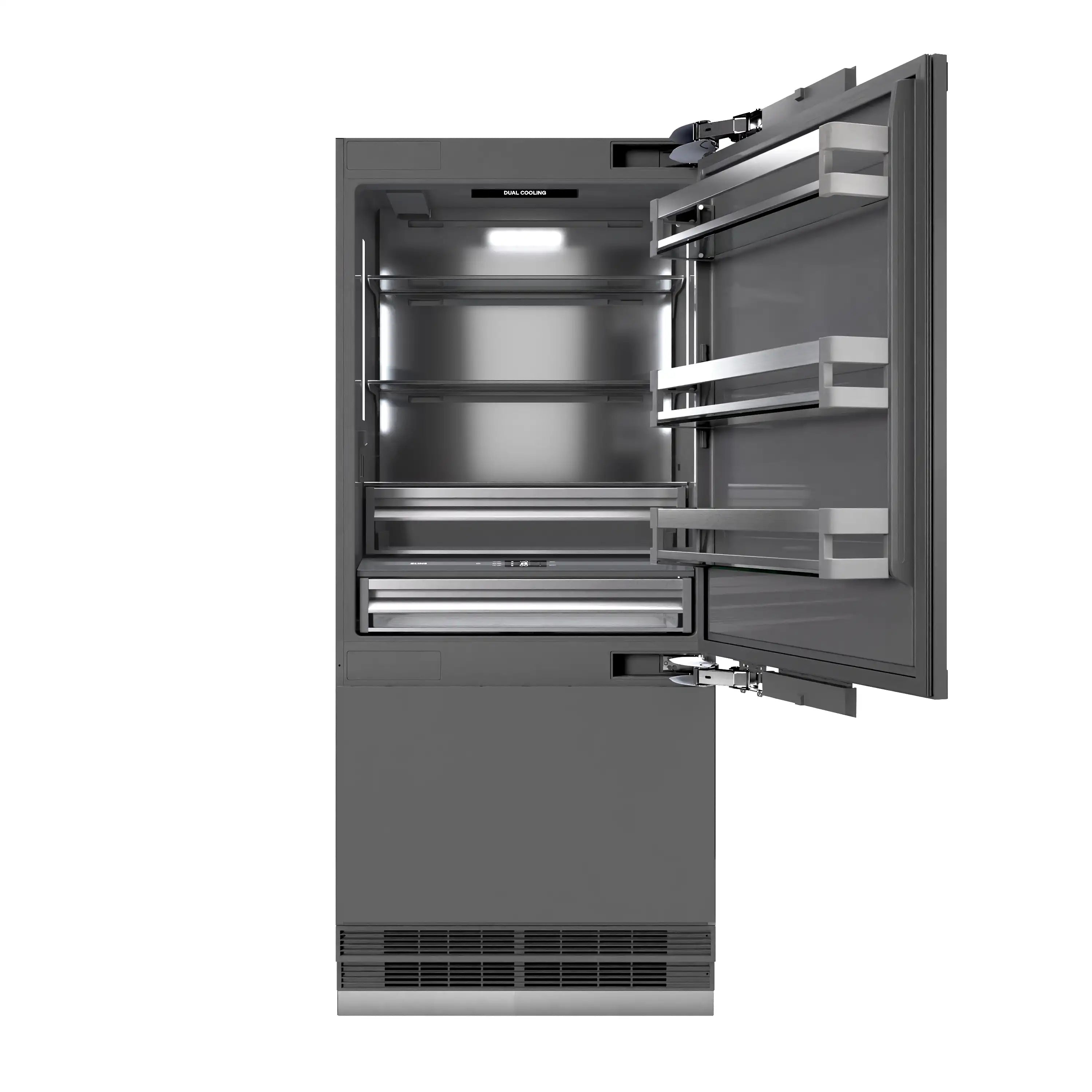 Open freezer compartment with adjustable glass shelves and LED interior light.