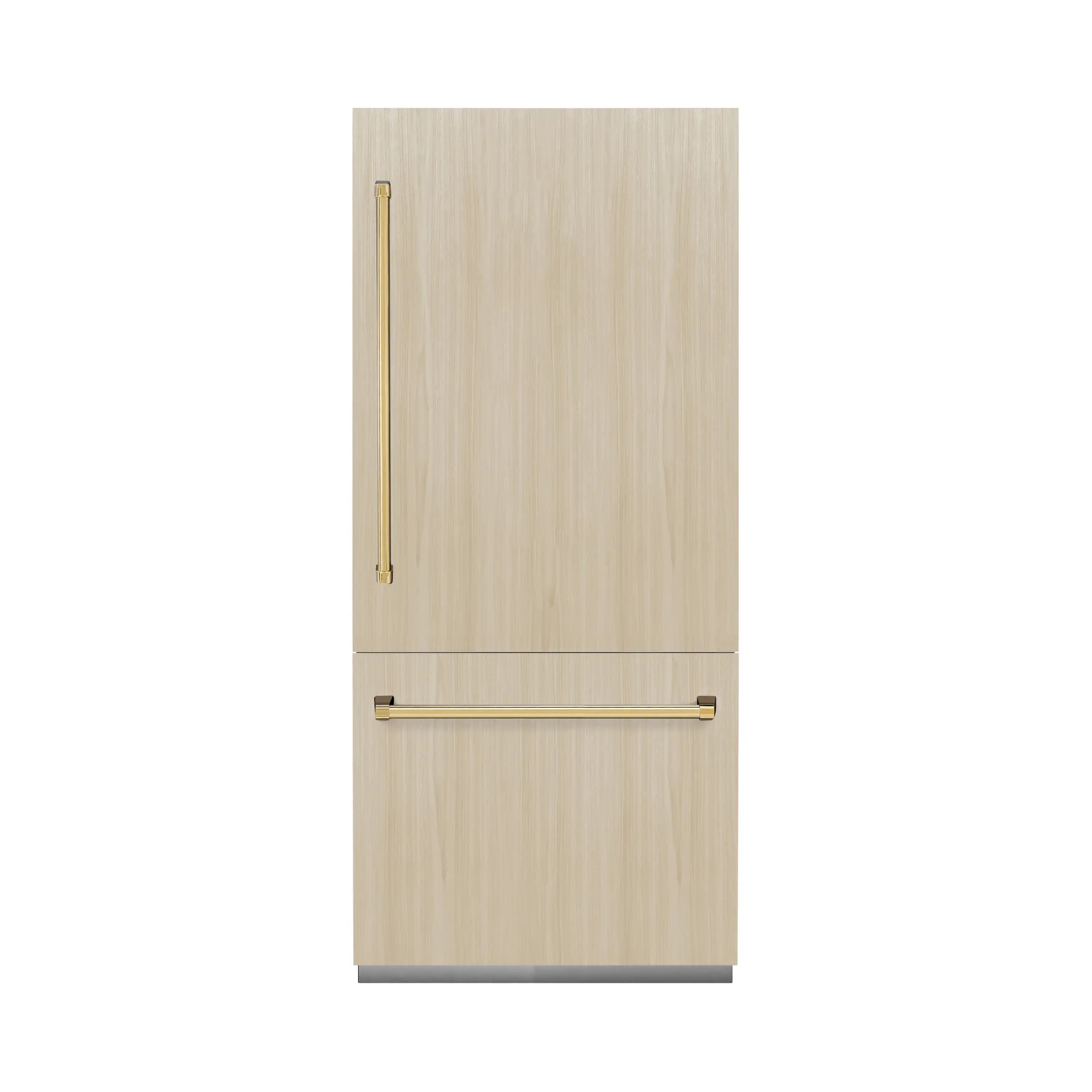 Panel-ready refrigerator with light wood doors and polished gold bar handles.