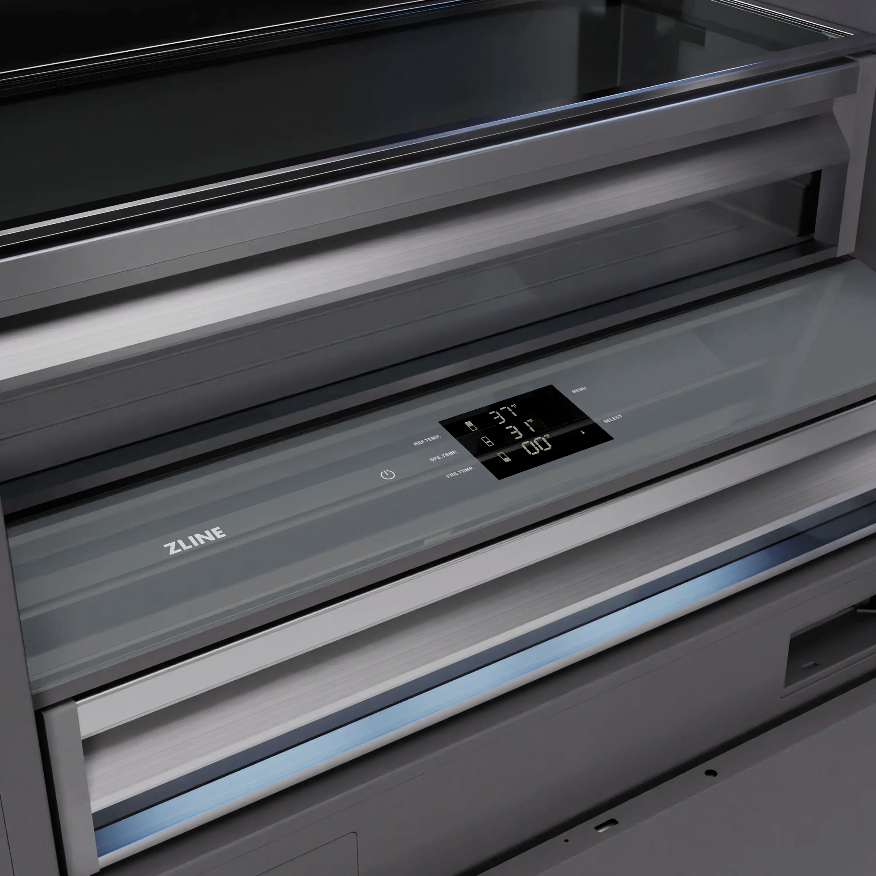 Refrigerator drawer control panel with touch buttons and graphite gray interior trim