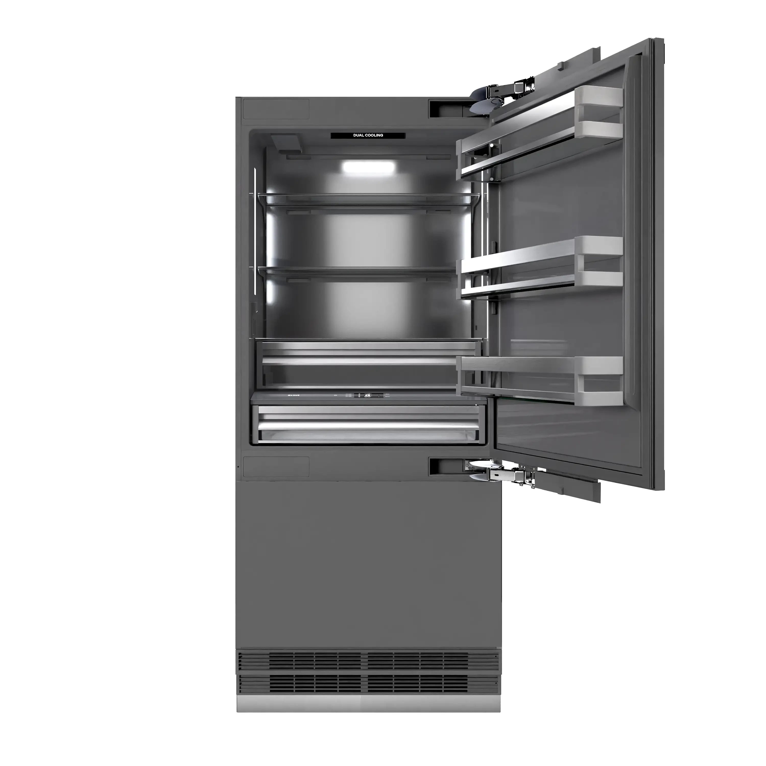 Built-in bottom freezer refrigerator with open doors showing adjustable glass shelves and LED light